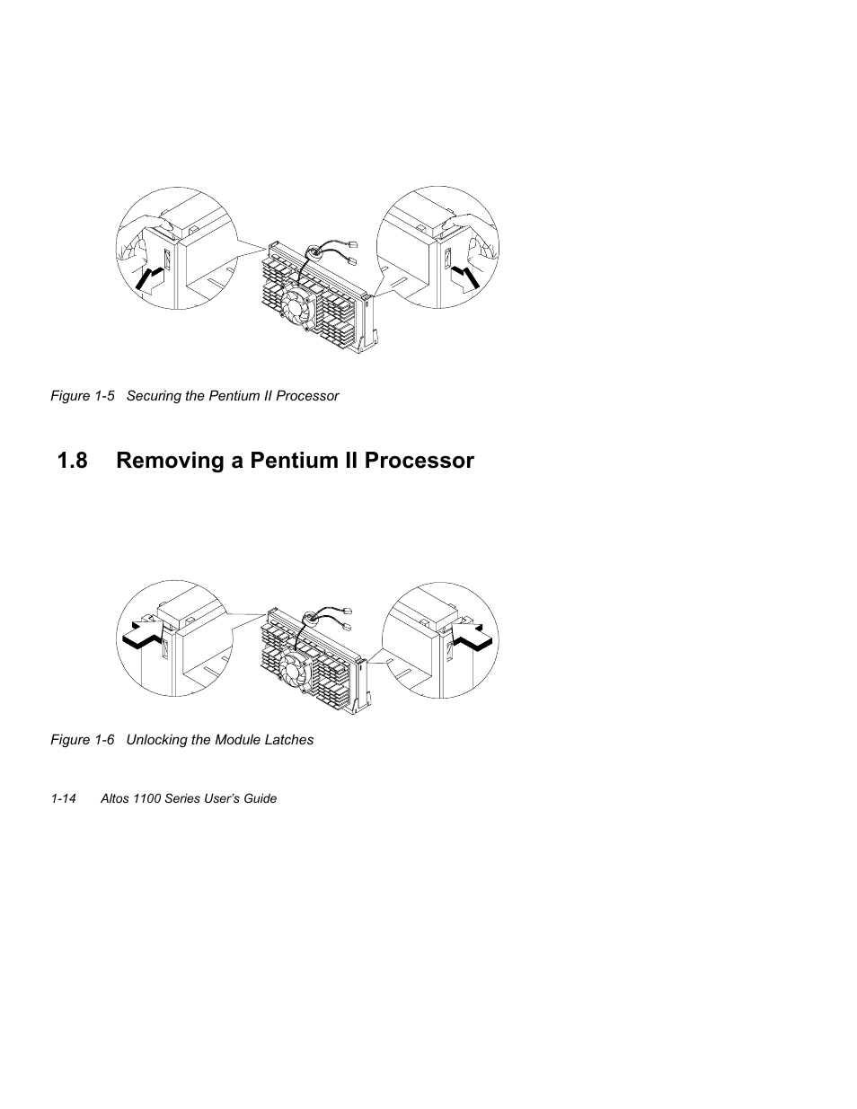 8 removing a pentium ii processor -14, 5 securing the pentium ii processor -14, 6 unlocking the module latches -14 | 8 removing a pentium ii processor | Acer Altos 1100 Series User Manual | Page 28 / 114