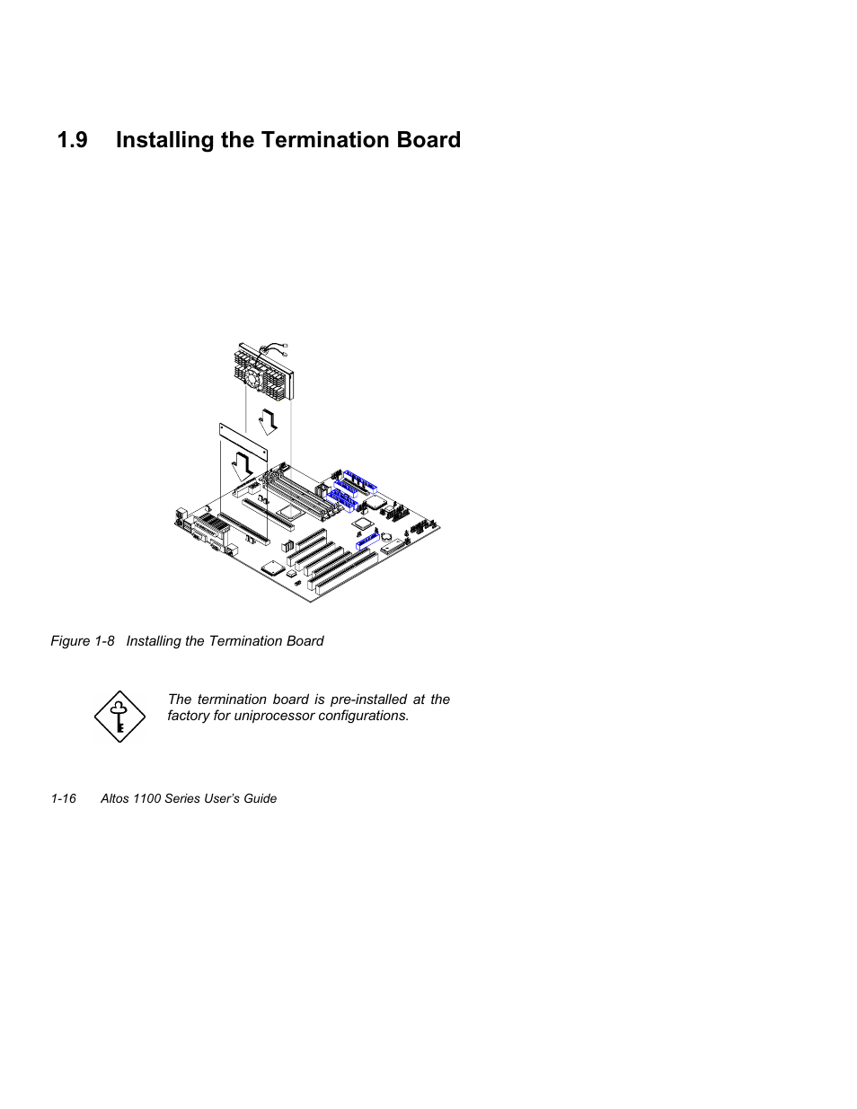 9 installing the termination board -16, 8 installing the termination board -16, 9 installing the termination board | Acer Altos 1100 Series User Manual | Page 30 / 114