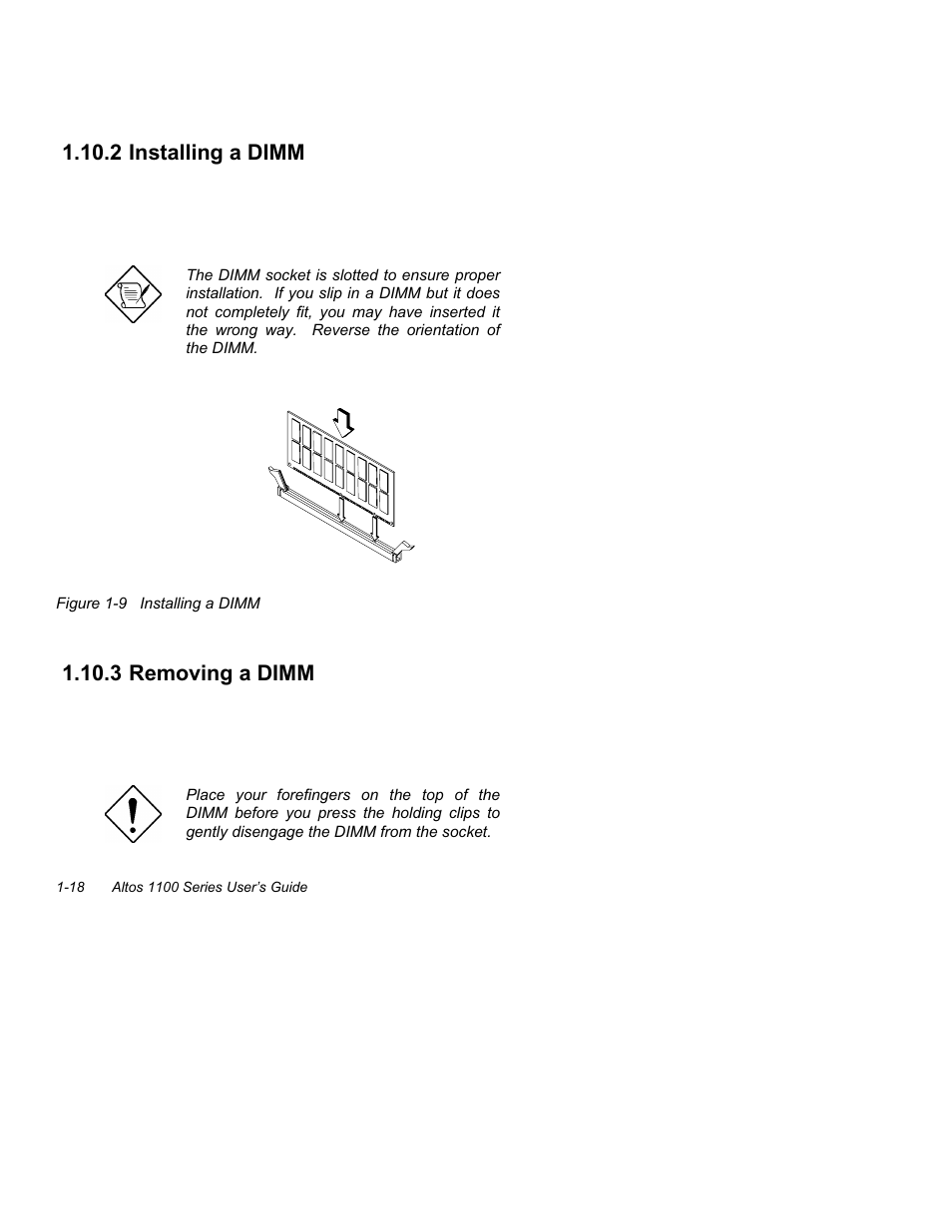 2 installing a dimm -18, 3 removing a dimm -18, 9 installing a dimm -18 | 2 installing a dimm, 3 removing a dimm | Acer Altos 1100 Series User Manual | Page 32 / 114