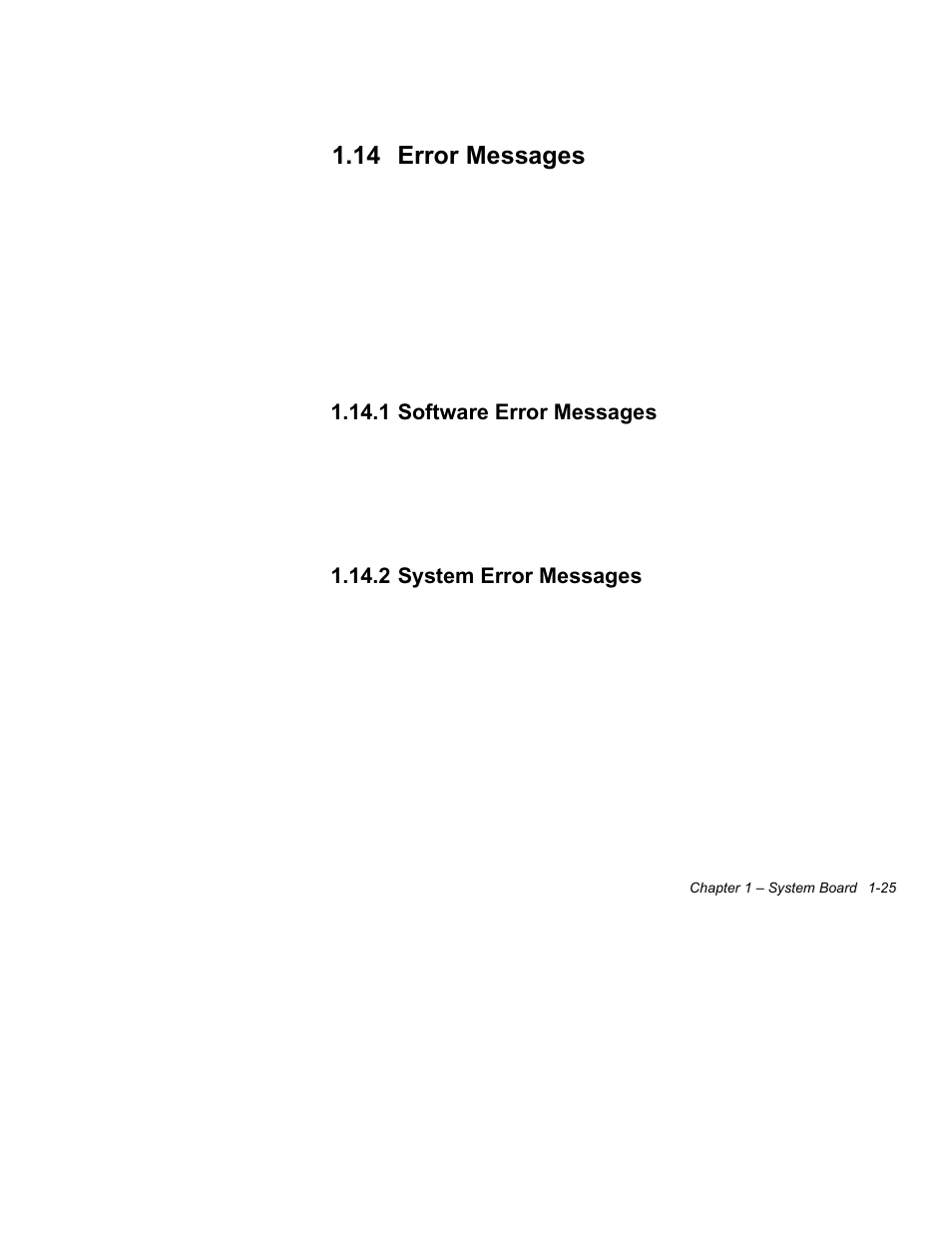 14 error messages -24, 1 software error messages -24, 2 system error messages -24 | 14 error messages, 1 software error messages, 2 system error messages | Acer Altos 1100 Series User Manual | Page 39 / 114