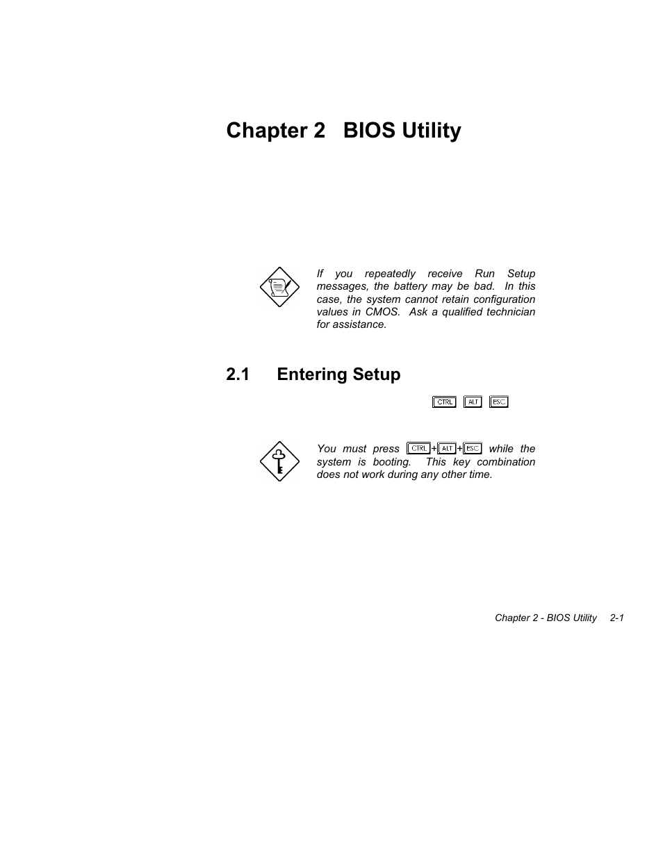 Bios utility, Chapter 2 bios utility, 1 entering | Setup -1, 1entering setup | Acer Altos 1100 Series User Manual | Page 43 / 114