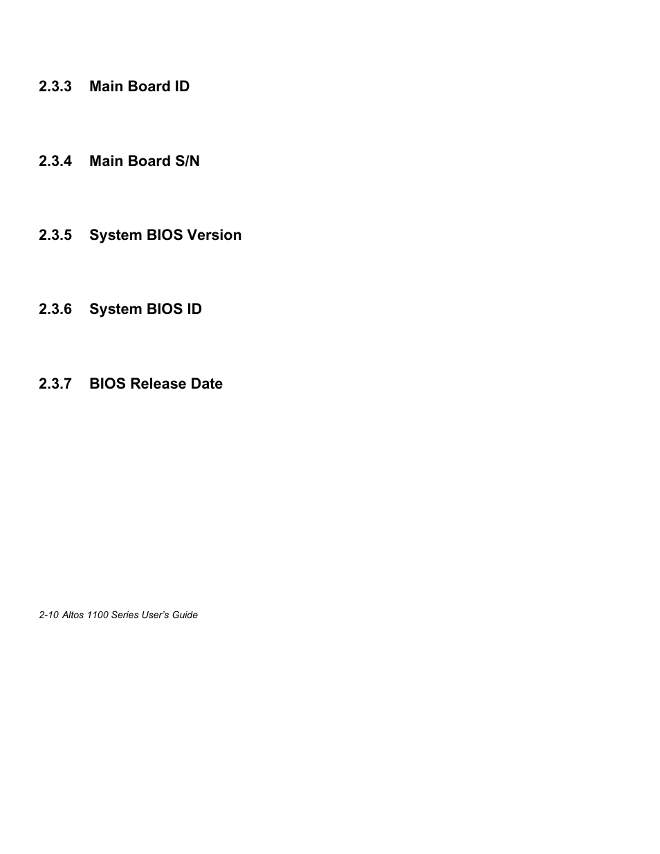 3 main board id -9, 4 main board s/n -9, 5 system bios version -9 | 6 system bios id -9, 7 bios release date -9 | Acer Altos 1100 Series User Manual | Page 52 / 114