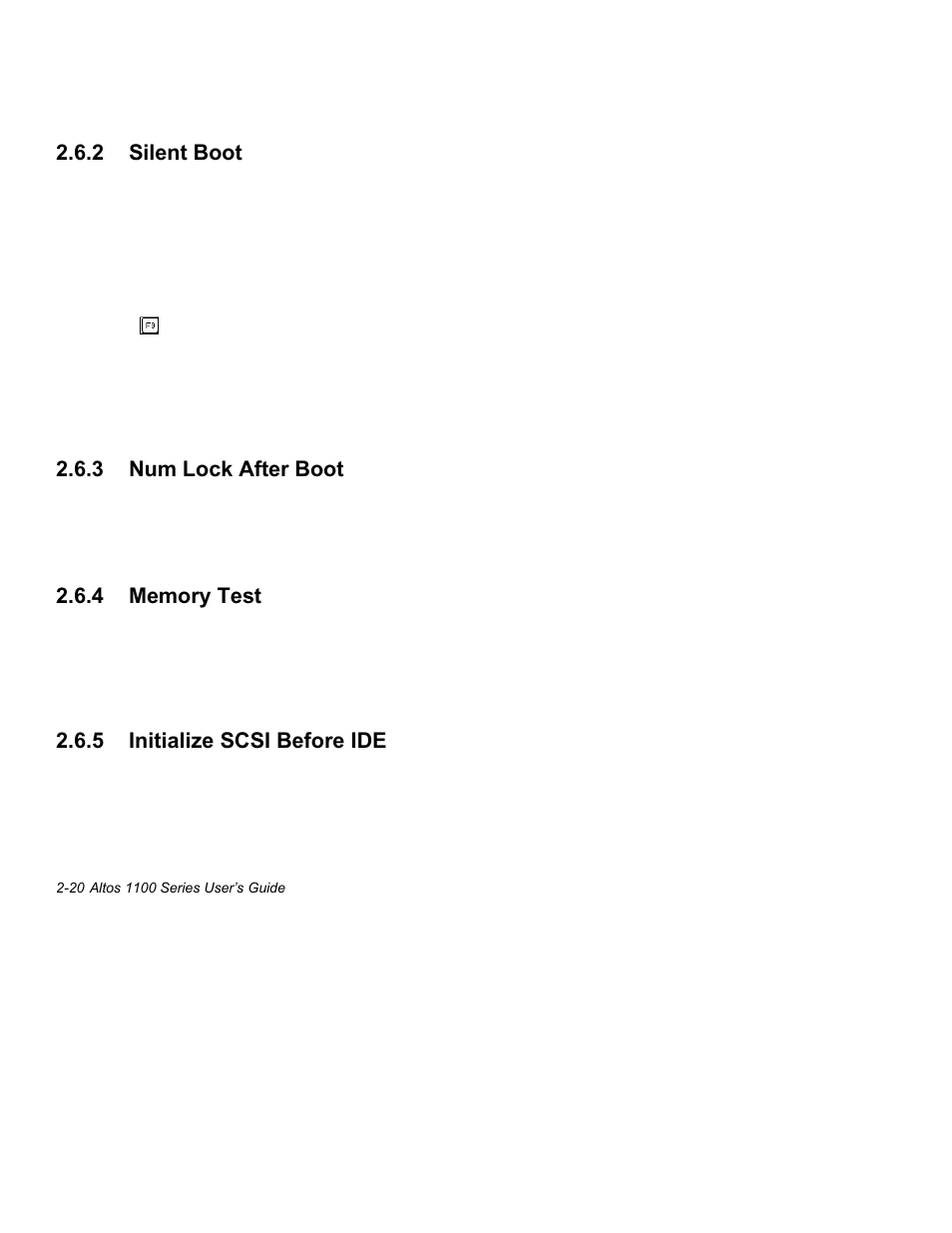 2 silent, Boot -19, 3 num lock after boot -19 | 4 memory, Test -19, 5 initialize, Scsi, Before, Ide -19 | Acer Altos 1100 Series User Manual | Page 62 / 114