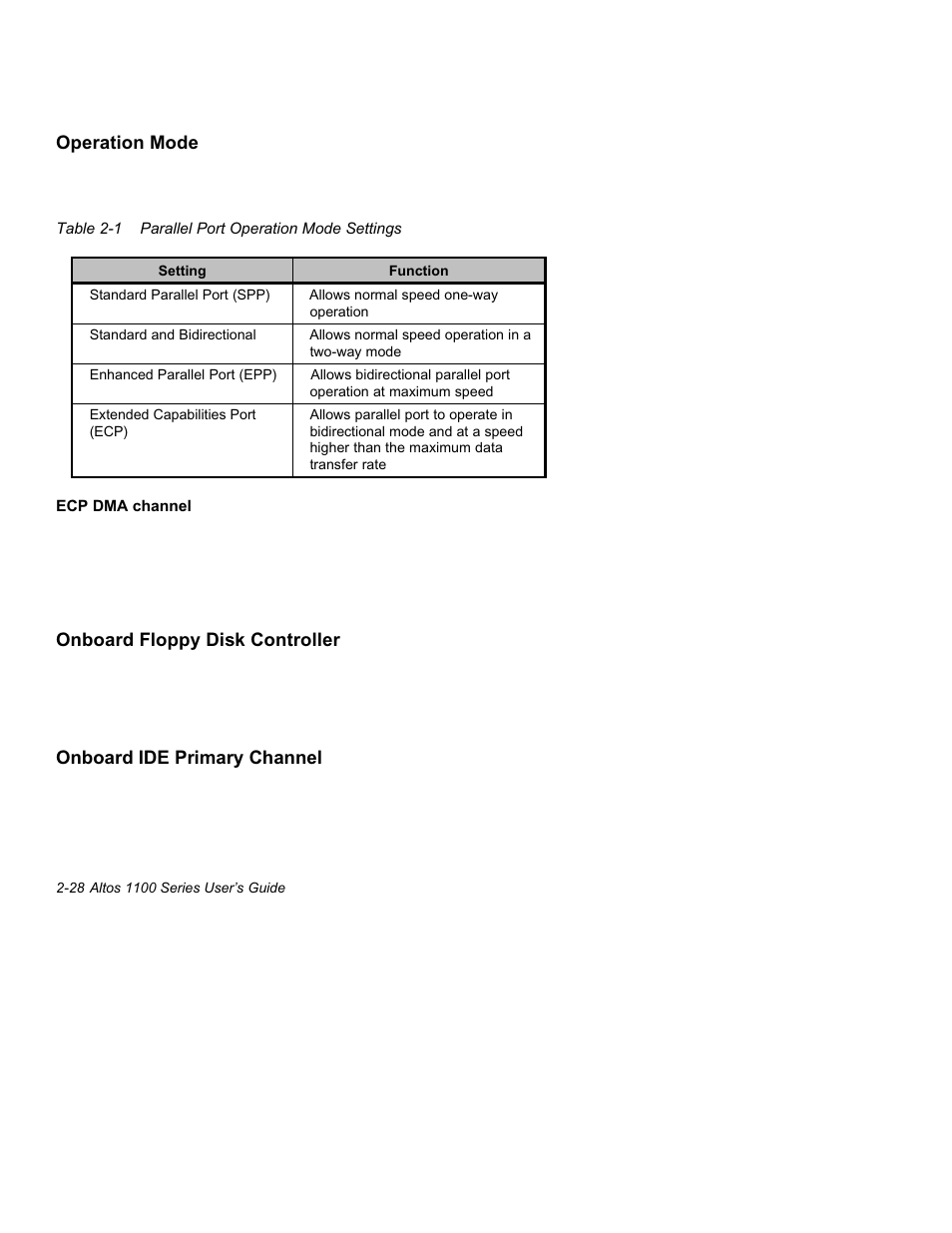 1 parallel port operation mode settings -27 | Acer Altos 1100 Series User Manual | Page 70 / 114