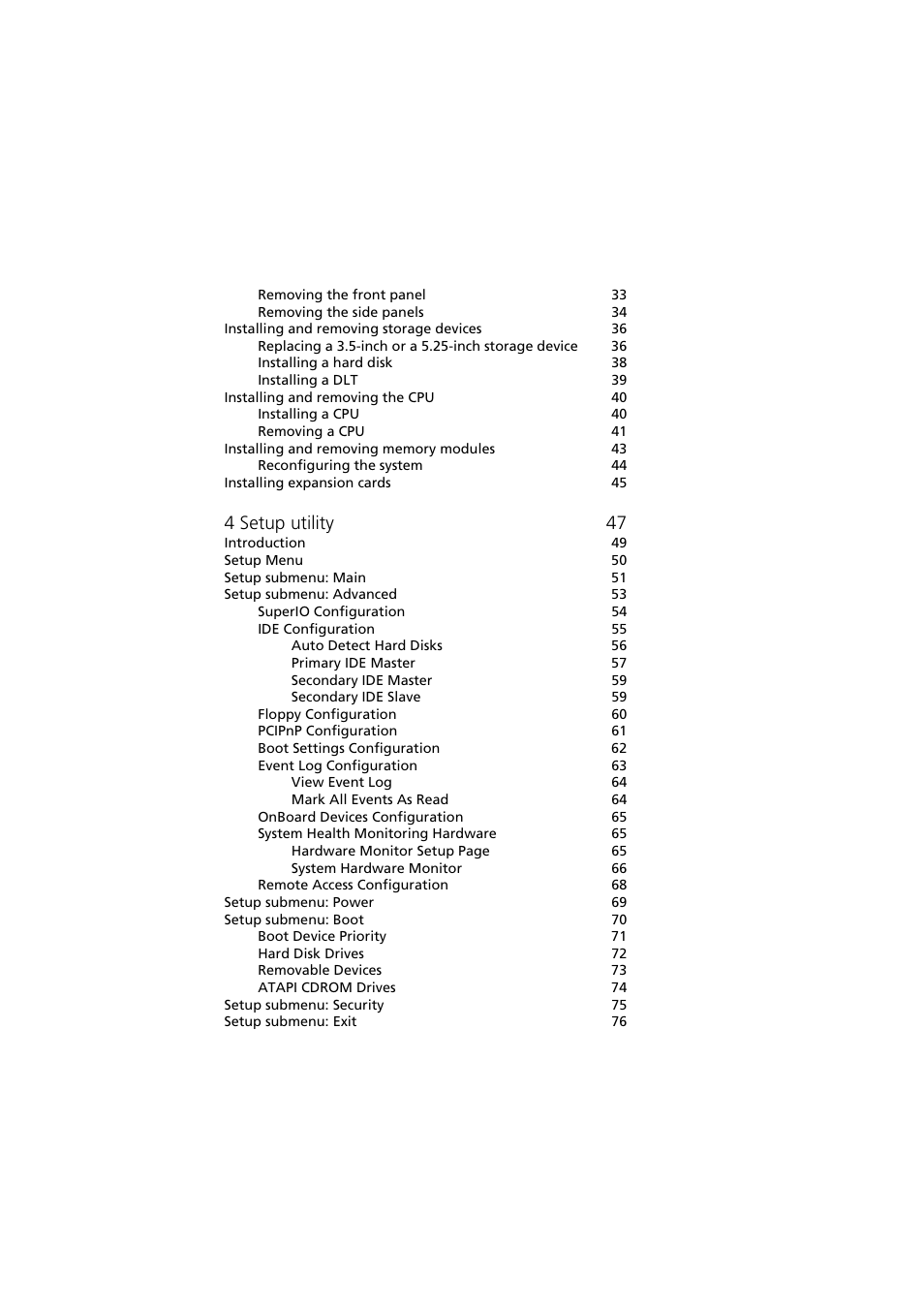 4 setup utility 47 | Acer Altos G300 User Manual | Page 10 / 108