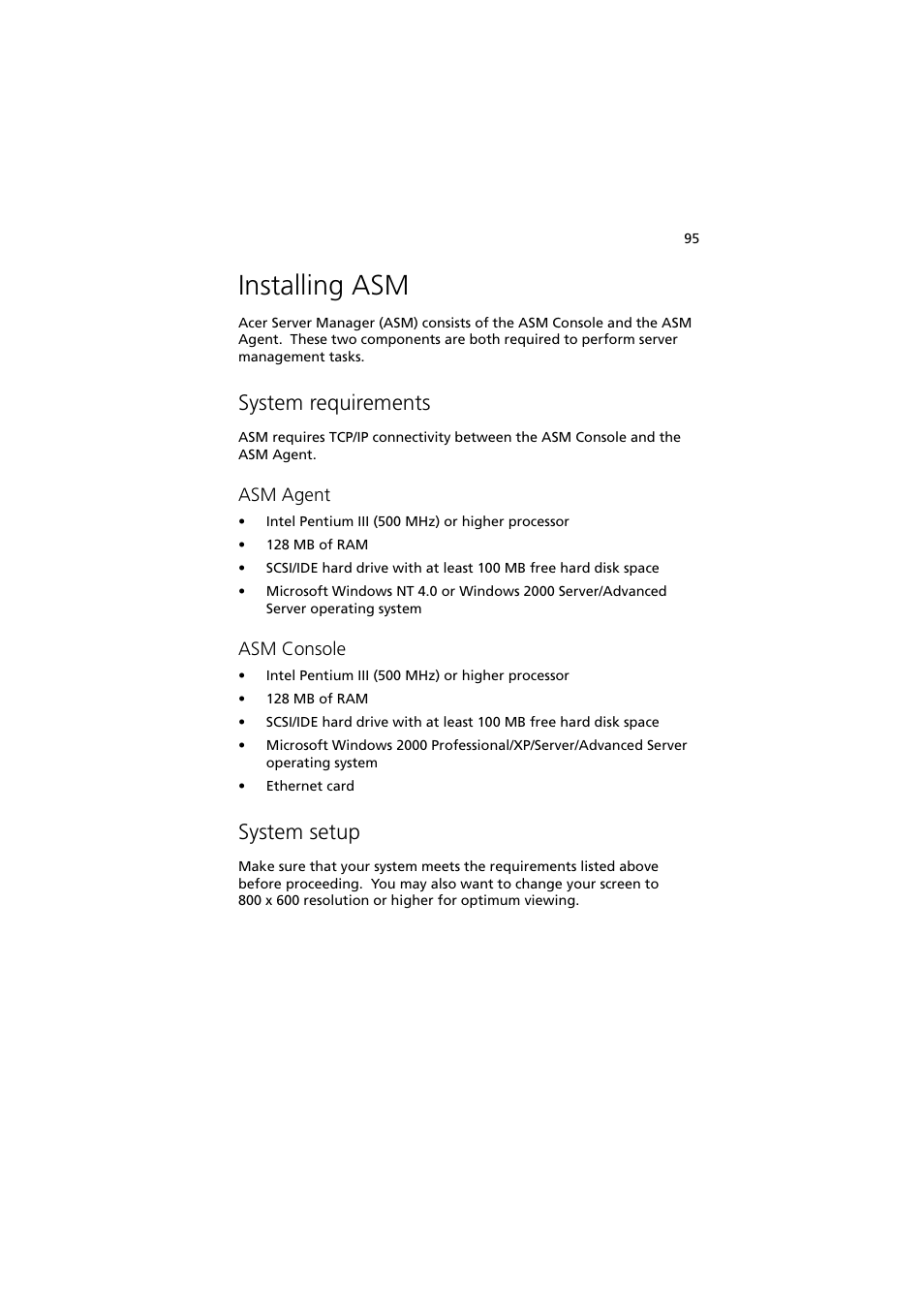 Installing asm, System requirements, System setup | Asm agent, Asm console | Acer Altos G300 User Manual | Page 107 / 108