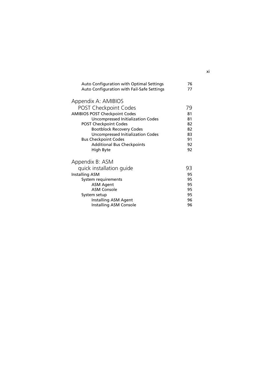 Appendix a: amibios post checkpoint codes 79, Appendix b: asm quick installation guide 93 | Acer Altos G300 User Manual | Page 11 / 108