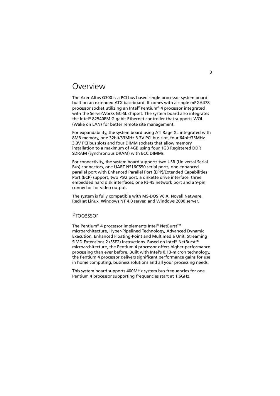Overview, Processor | Acer Altos G300 User Manual | Page 15 / 108
