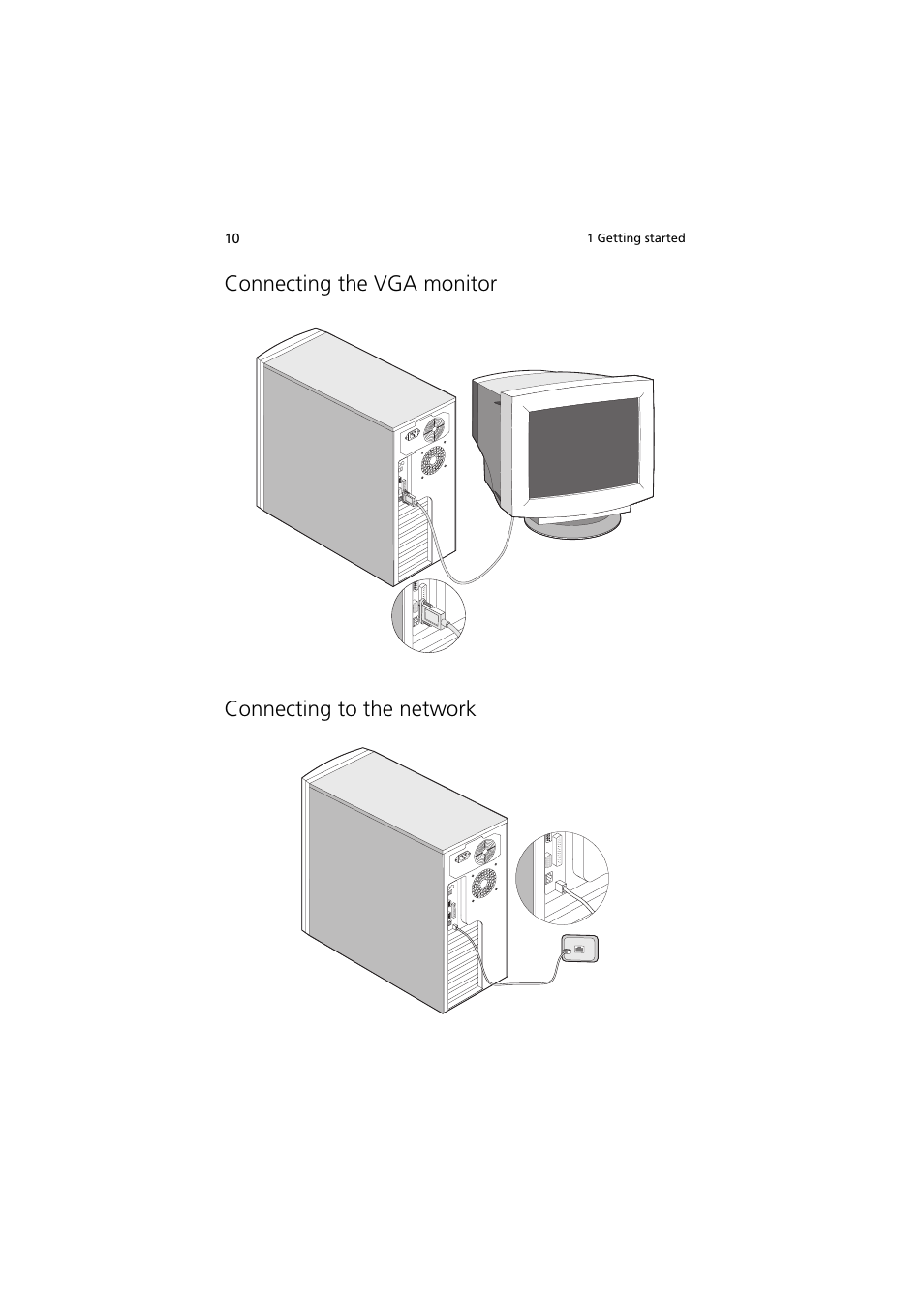 Connecting the vga monitor, Connecting to the network | Acer Altos G300 User Manual | Page 22 / 108