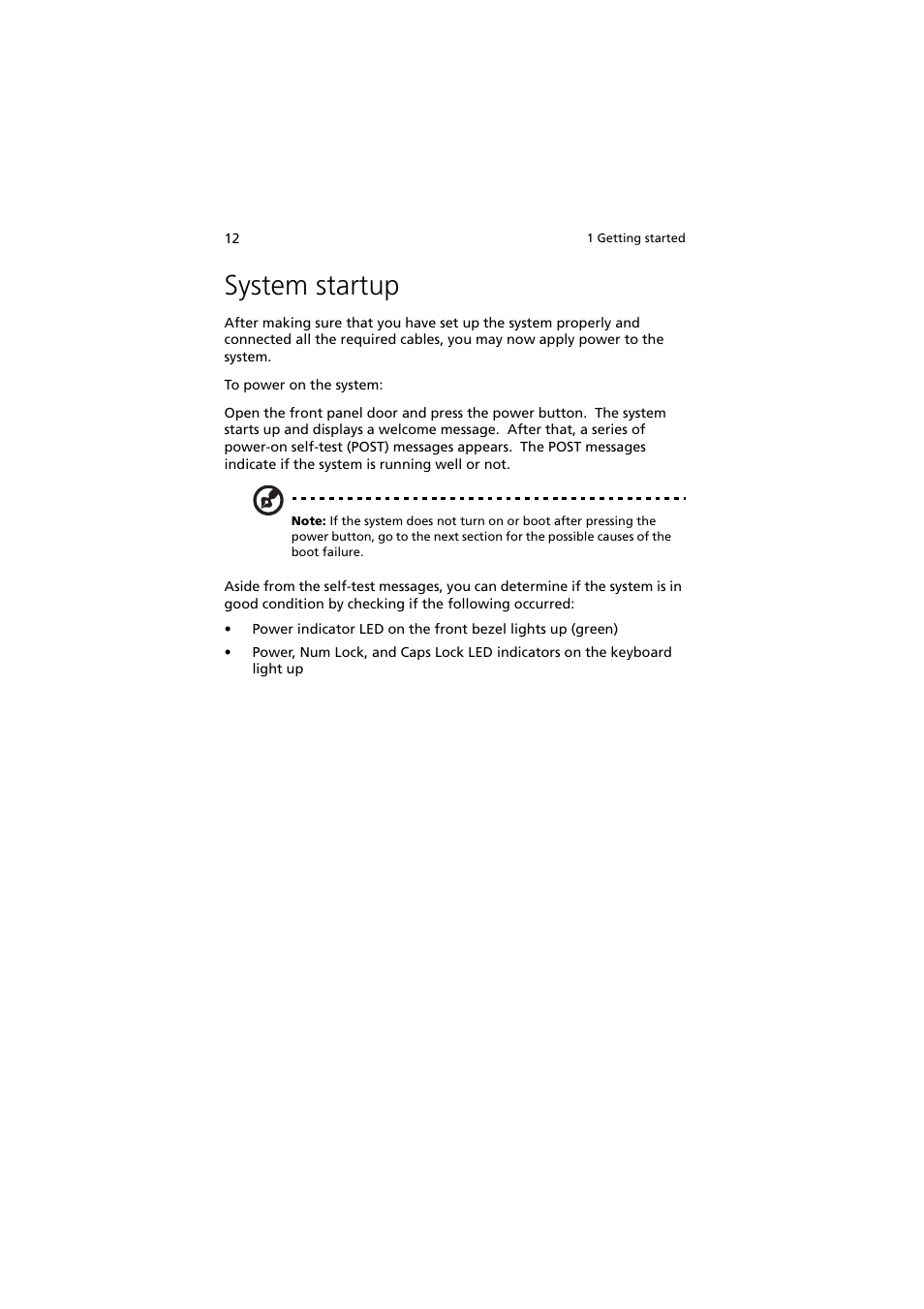 System startup | Acer Altos G300 User Manual | Page 24 / 108