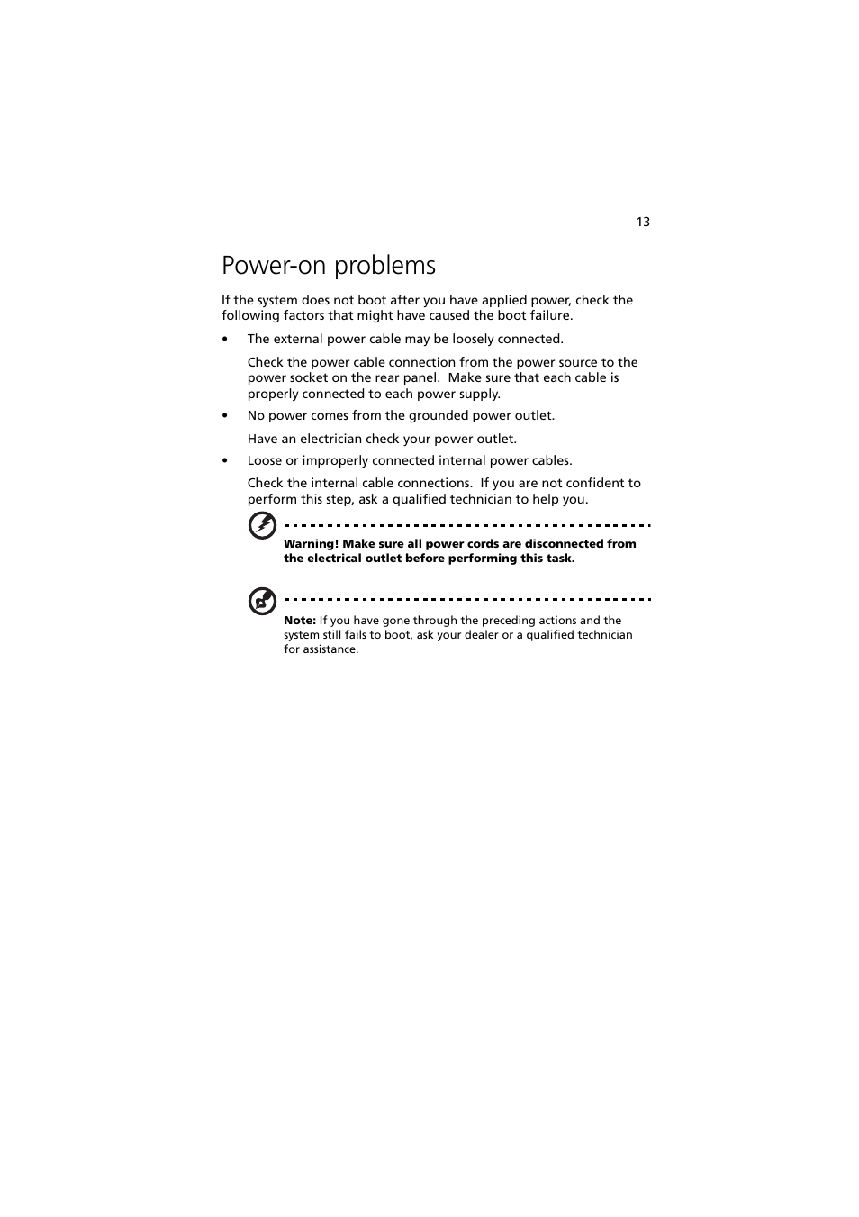 Power-on problems | Acer Altos G300 User Manual | Page 25 / 108