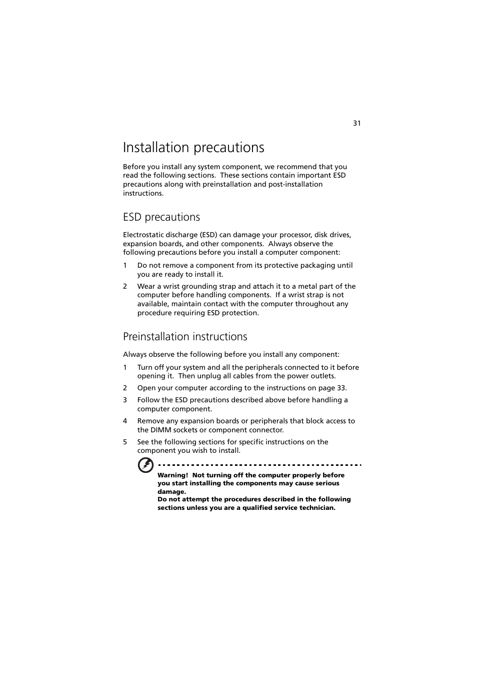 Installation precautions, Esd precautions, Preinstallation instructions | Acer Altos G300 User Manual | Page 43 / 108