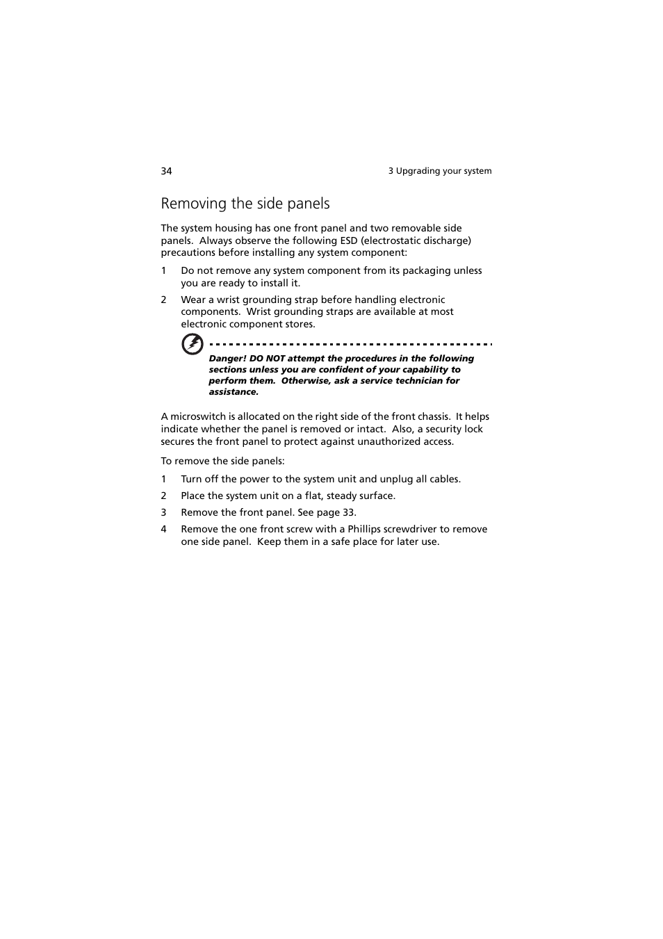 Removing the side panels | Acer Altos G300 User Manual | Page 46 / 108