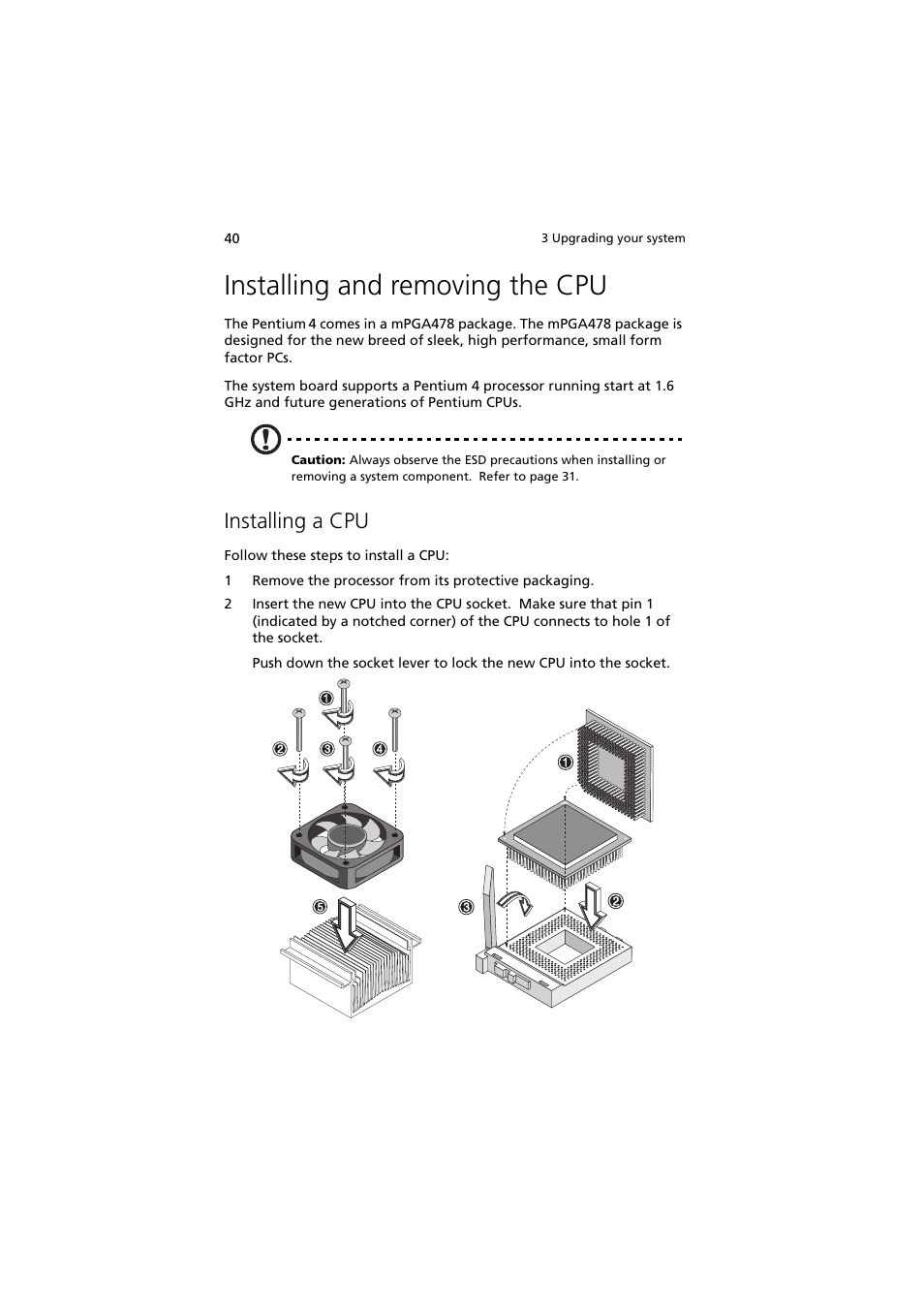 Installing and removing the cpu, Installing a cpu | Acer Altos G300 User Manual | Page 52 / 108