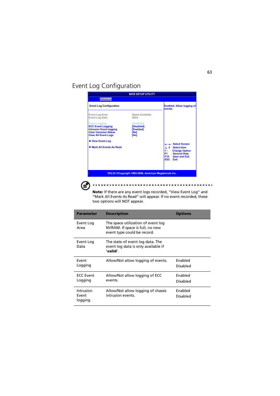 Event log configuration | Acer Altos G300 User Manual | Page 75 / 108