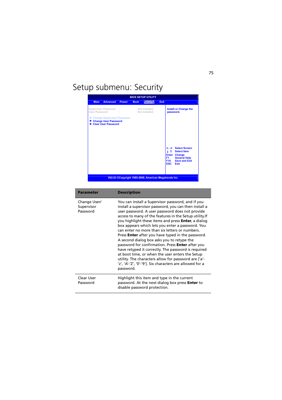 Setup submenu: security | Acer Altos G300 User Manual | Page 87 / 108
