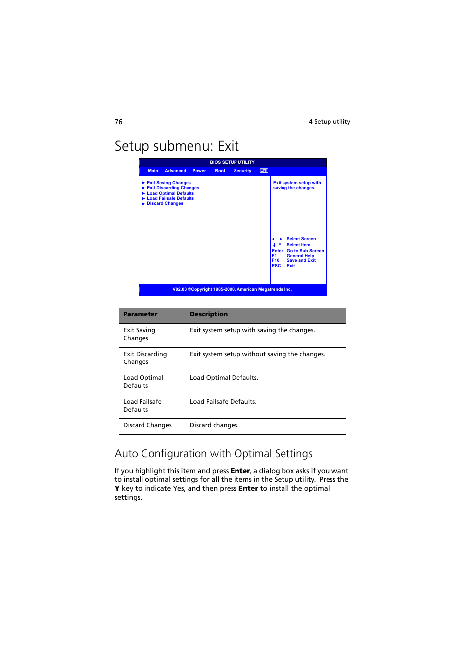 Setup submenu: exit, Auto configuration with optimal settings | Acer Altos G300 User Manual | Page 88 / 108