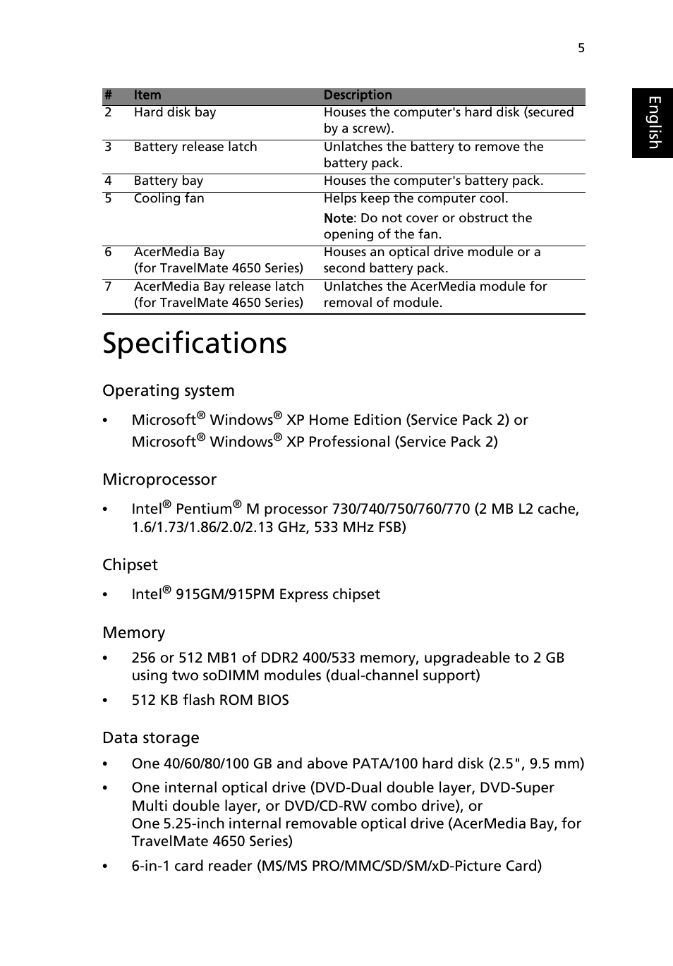 Specifications | Acer 4150 Series User Manual | Page 13 / 70