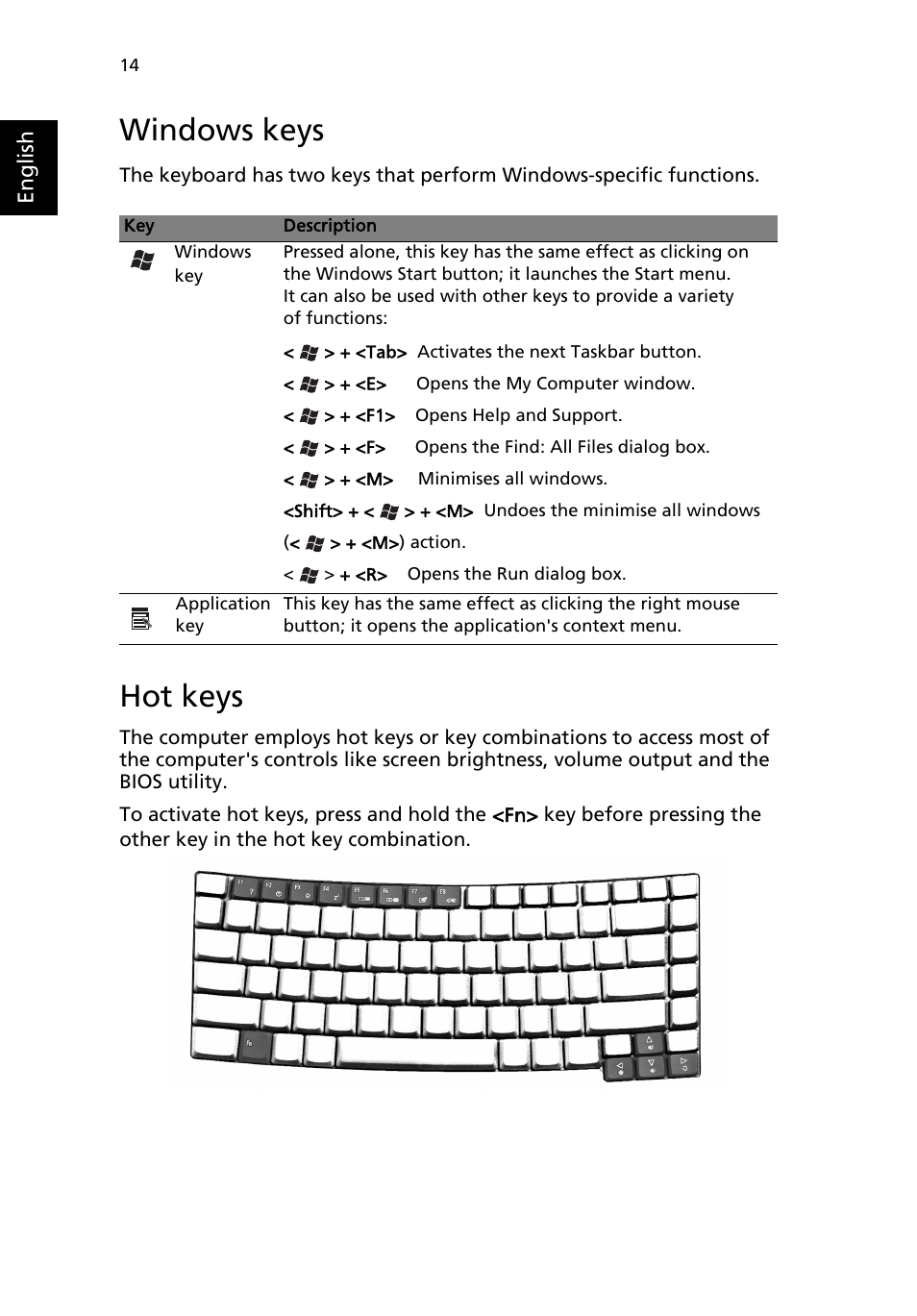 Windows keys, Hot keys | Acer 4150 Series User Manual | Page 22 / 70