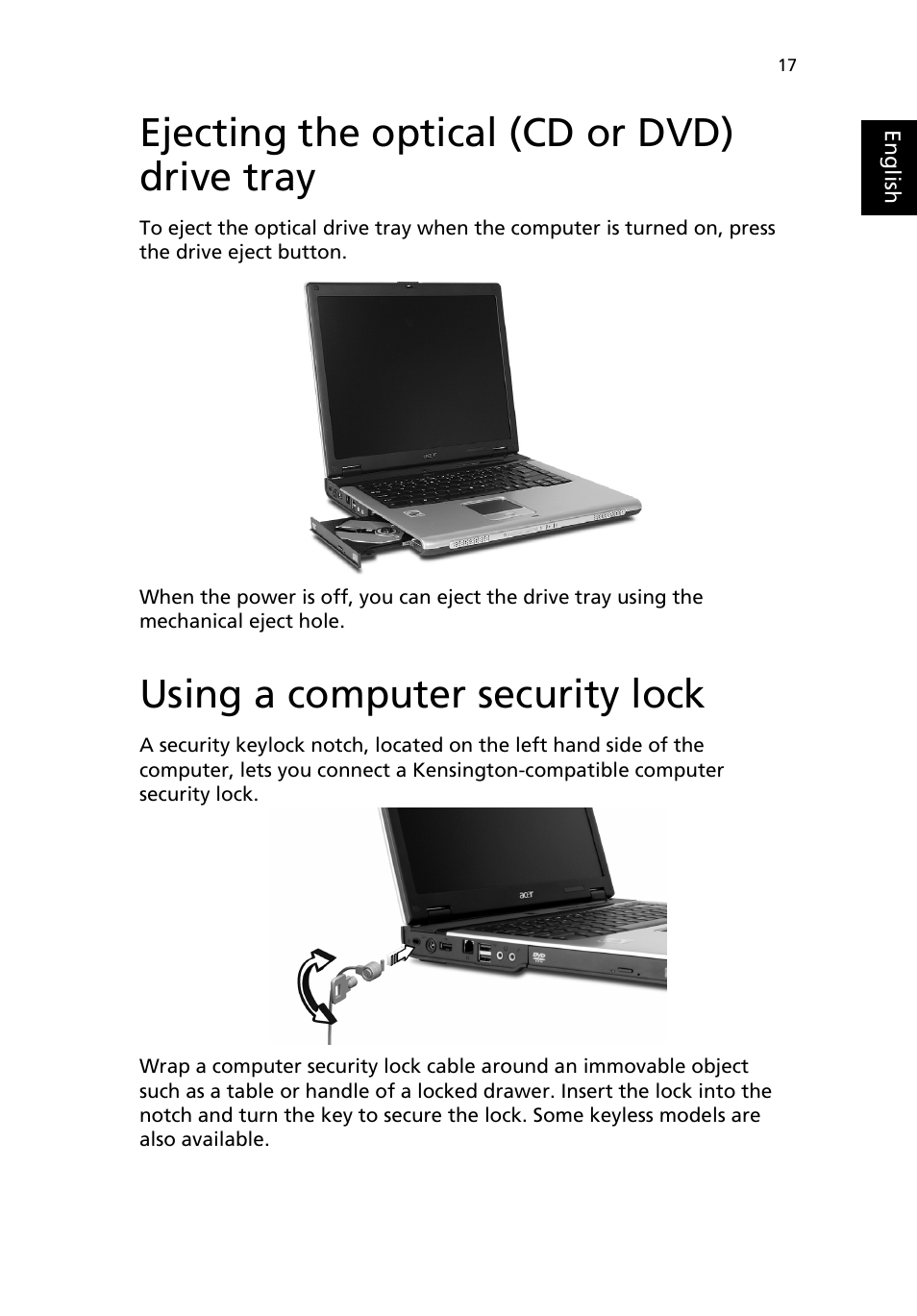 Ejecting the optical (cd or dvd) drive tray, Using a computer security lock | Acer 4150 Series User Manual | Page 25 / 70