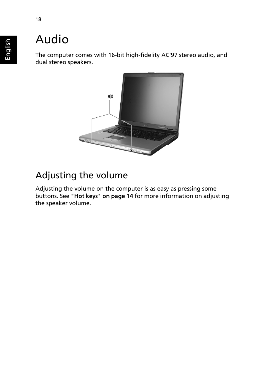 Audio, Adjusting the volume | Acer 4150 Series User Manual | Page 26 / 70