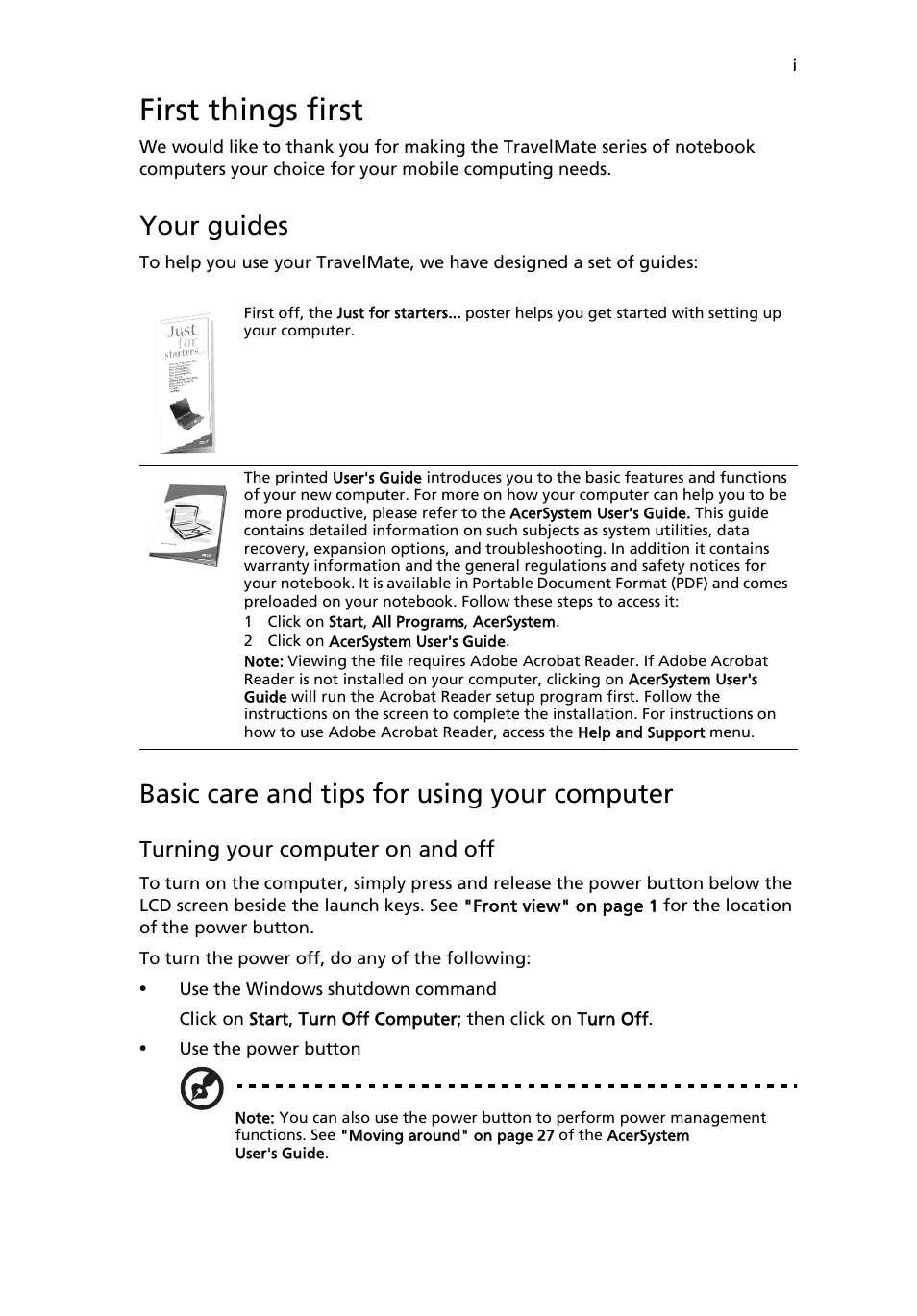 First things first, Your guides, Basic care and tips for using your computer | Turning your computer on and off | Acer 4150 Series User Manual | Page 3 / 70