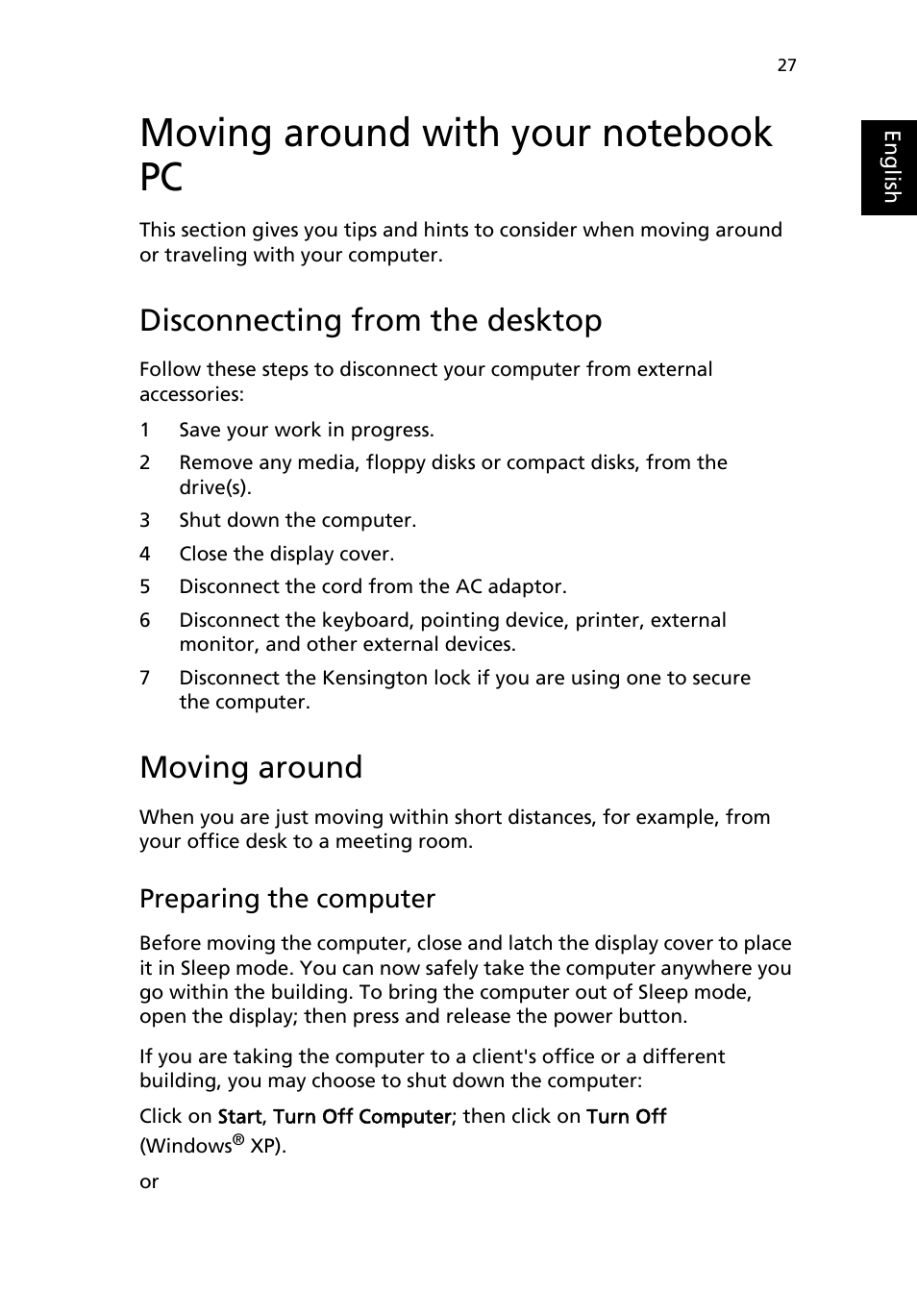Moving around with your notebook pc, Disconnecting from the desktop, Moving around | Preparing the computer | Acer 4150 Series User Manual | Page 35 / 70
