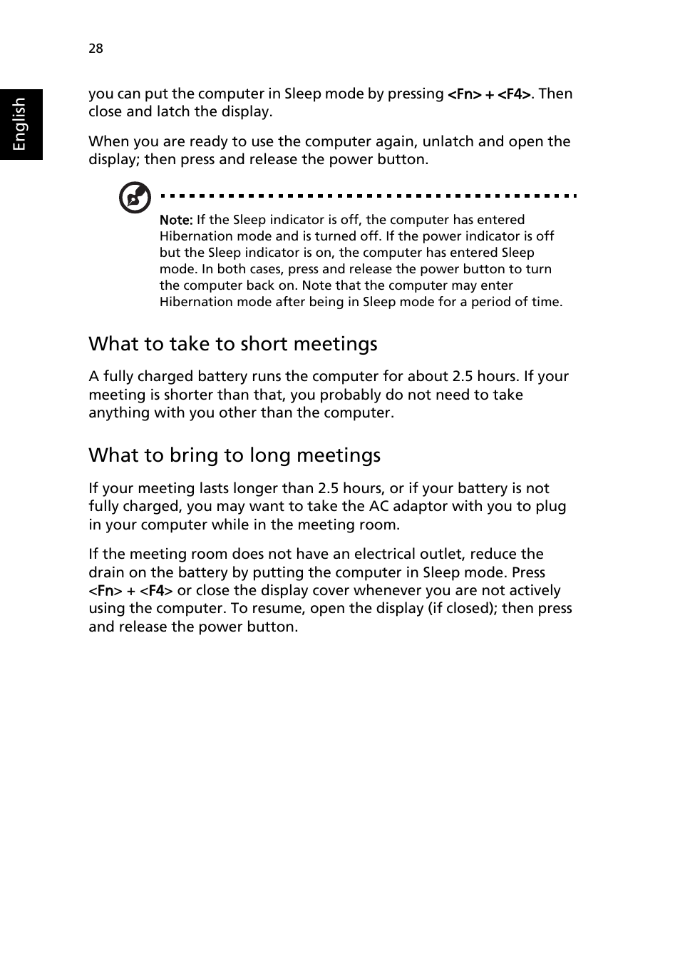 What to take to short meetings, What to bring to long meetings | Acer 4150 Series User Manual | Page 36 / 70