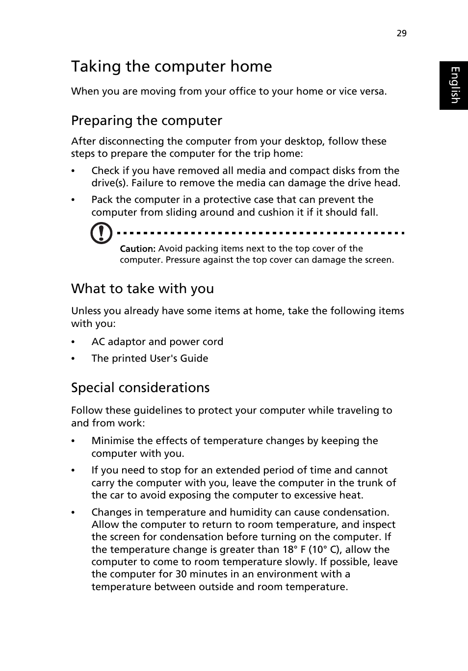 Taking the computer home, Preparing the computer, What to take with you | Special considerations | Acer 4150 Series User Manual | Page 37 / 70