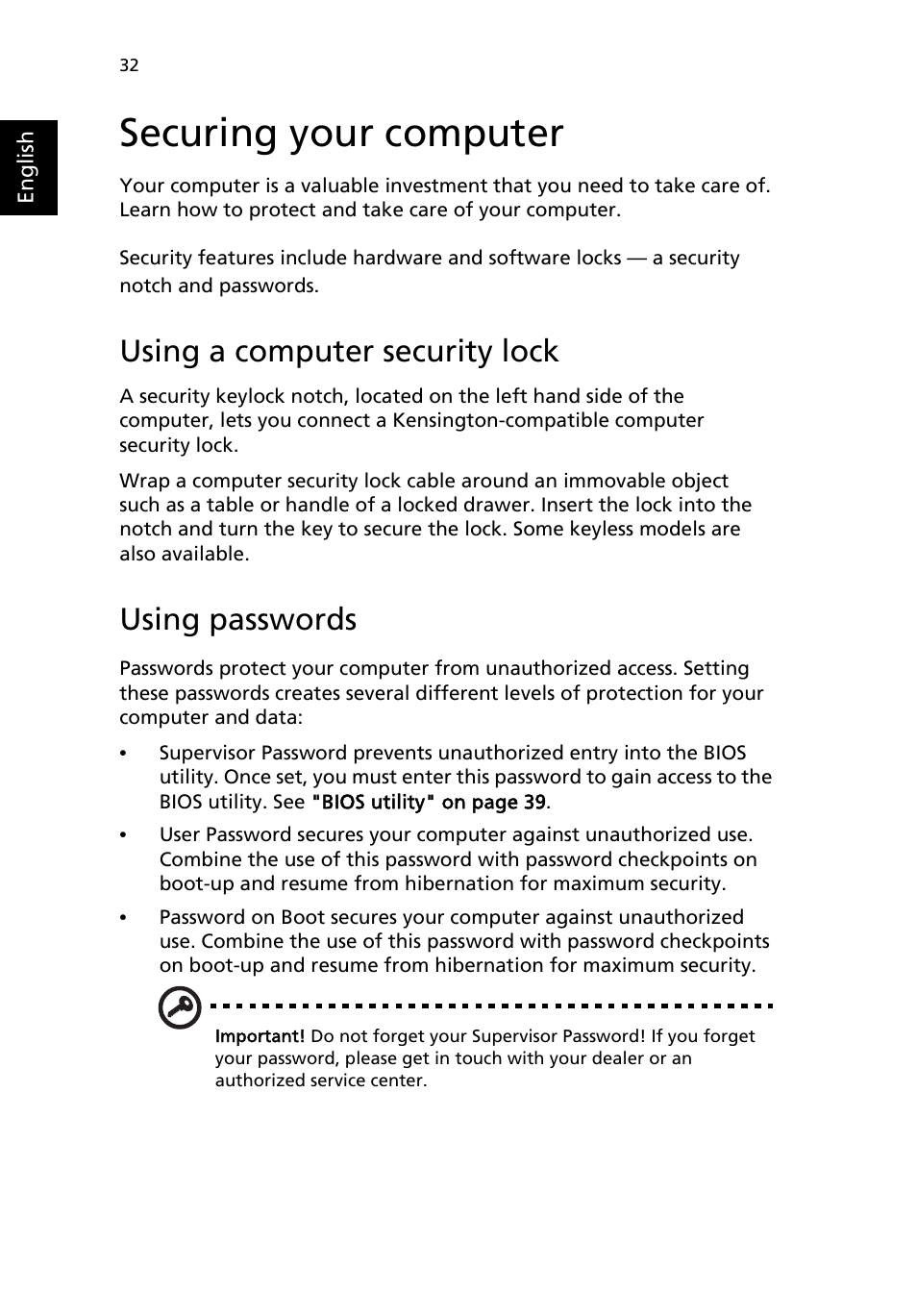 Securing your computer, Using a computer security lock, Using passwords | Acer 4150 Series User Manual | Page 40 / 70
