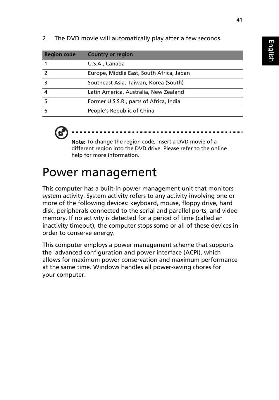 Power management | Acer 4150 Series User Manual | Page 49 / 70