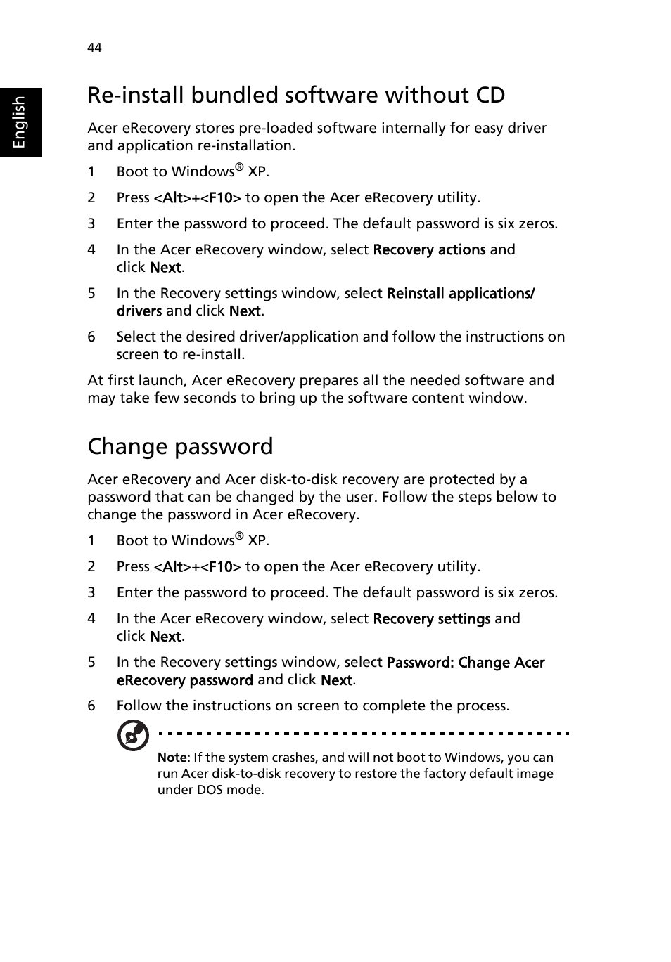 Re-install bundled software without cd, Change password | Acer 4150 Series User Manual | Page 52 / 70