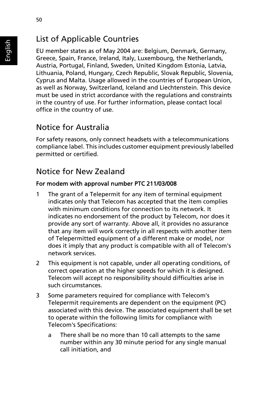 List of applicable countries, Notice for australia, Notice for new zealand | Acer 4150 Series User Manual | Page 58 / 70