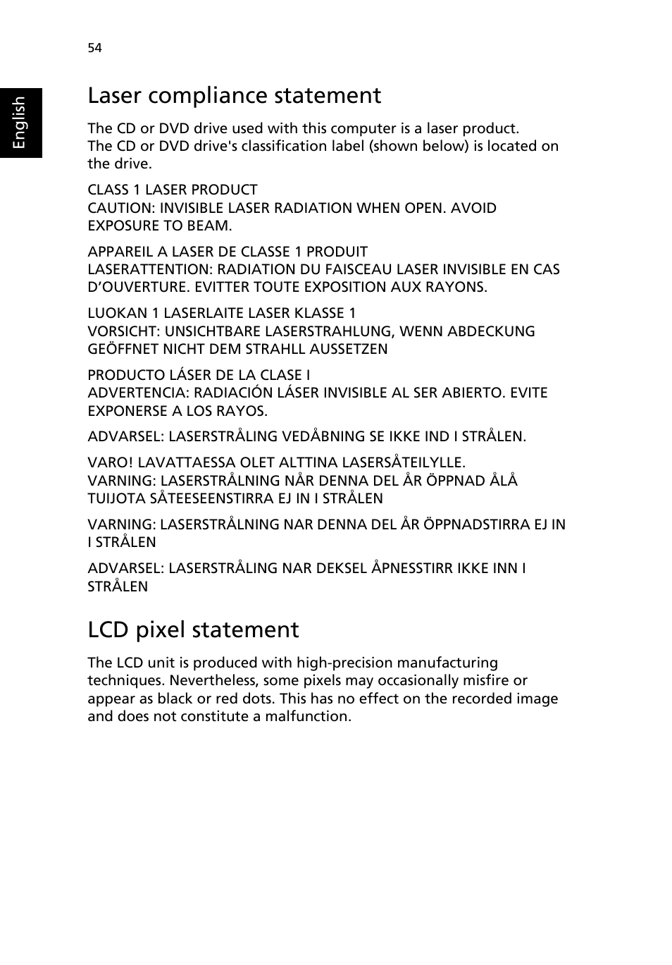 Laser compliance statement, Lcd pixel statement | Acer 4150 Series User Manual | Page 62 / 70