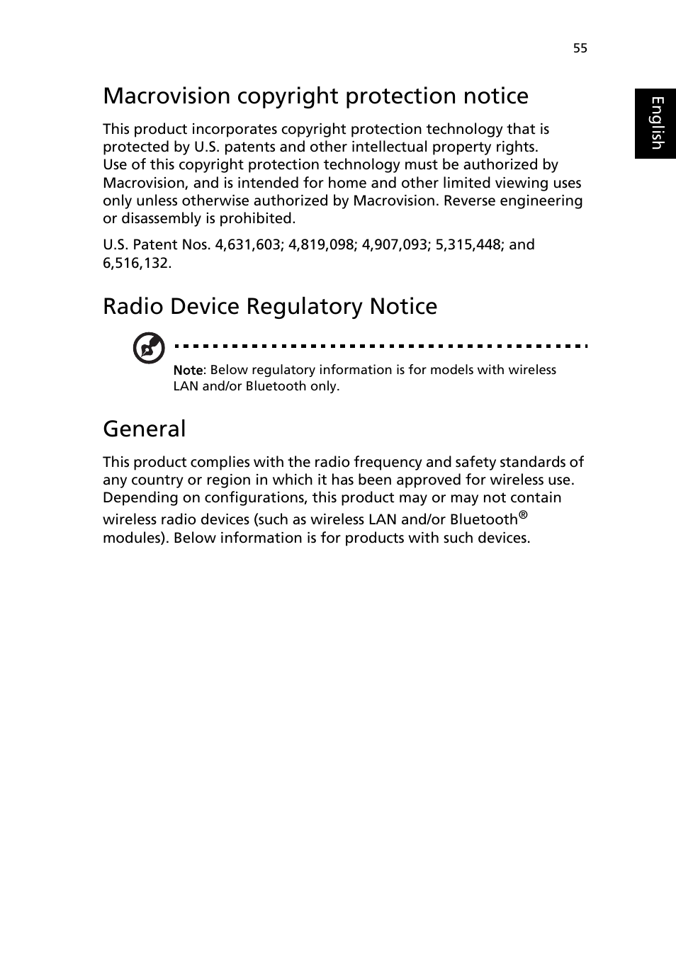 Macrovision copyright protection notice, Radio device regulatory notice, General | Acer 4150 Series User Manual | Page 63 / 70