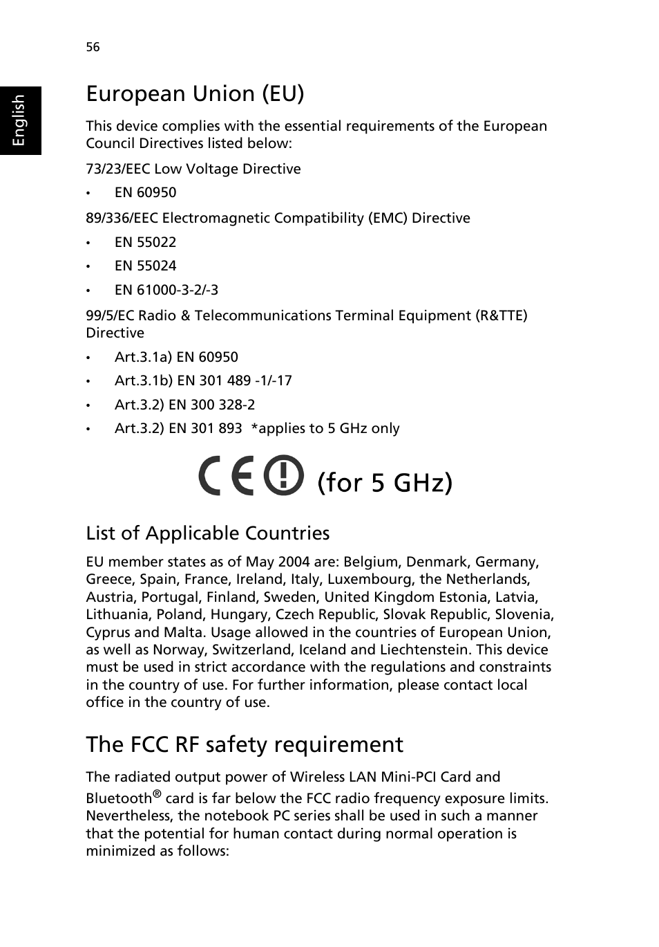 European union (eu), The fcc rf safety requirement, List of applicable countries | Acer 4150 Series User Manual | Page 64 / 70