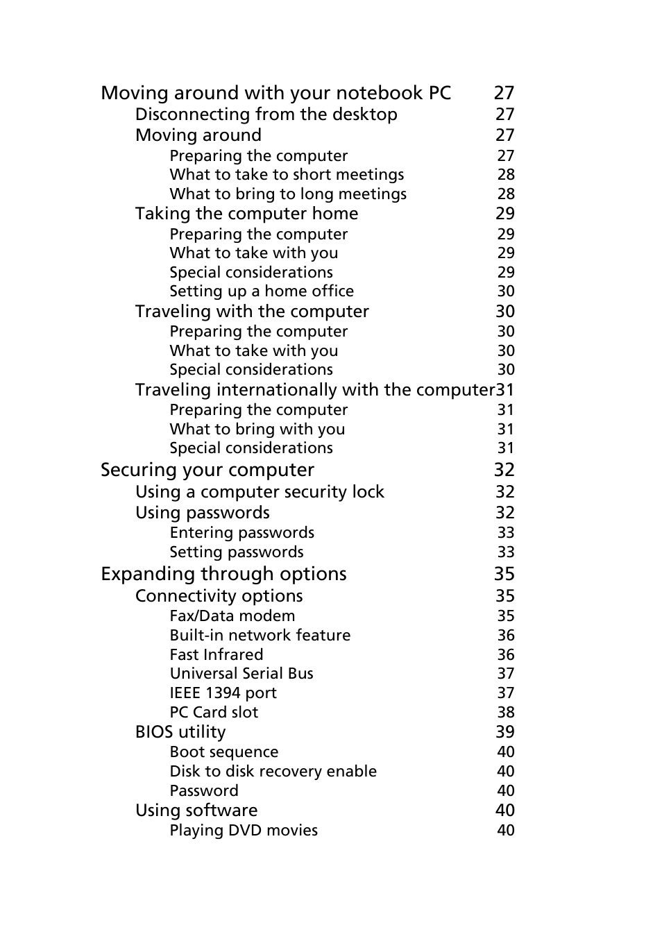 Securing your computer 32, Expanding through options 35 | Acer 4150 Series User Manual | Page 7 / 70