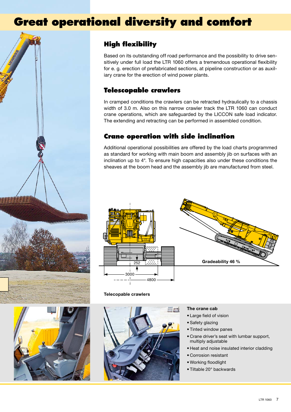 Great operational diversity and comfort, High ﬂ exibility, Telescopable crawlers | Crane operation with side inclination | Liebherr LTR 1060 User Manual | Page 7 / 12