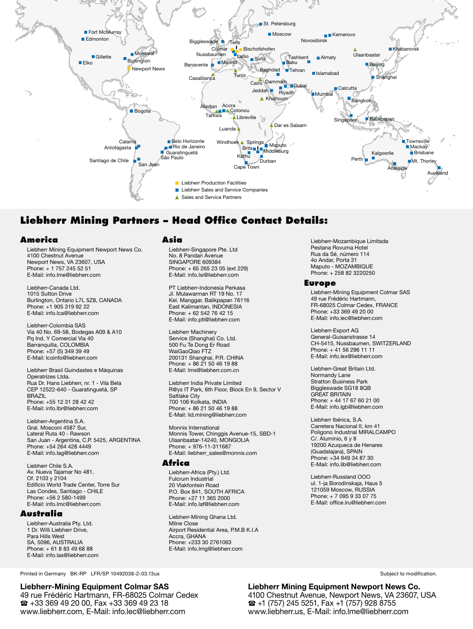 America, Australia, Asia | Africa, Europe | Liebherr R 996 B User Manual | Page 28 / 28