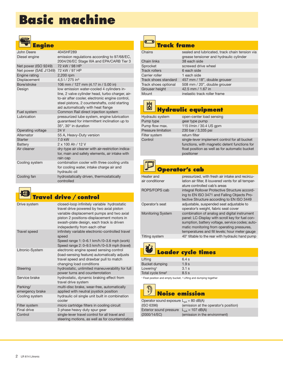 Basic machine, Engine, Travel drive / control | Track frame, Operator’s cab, Hydraulic equipment, Loader cycle times, Noise emission | Liebherr LR 614 Litronic User Manual | Page 2 / 8