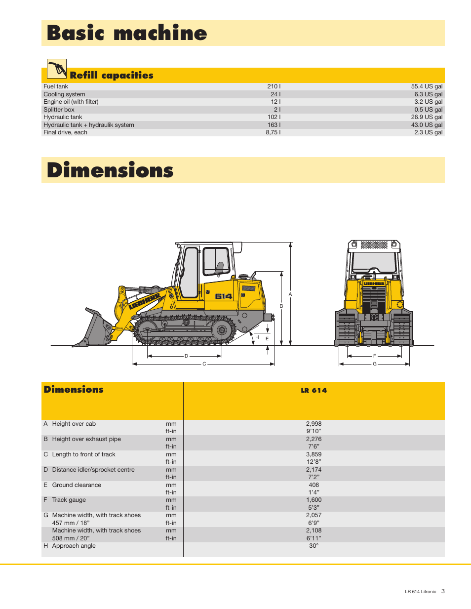 Dimensions, Basic machine, Refill capacities | Liebherr LR 614 Litronic User Manual | Page 3 / 8