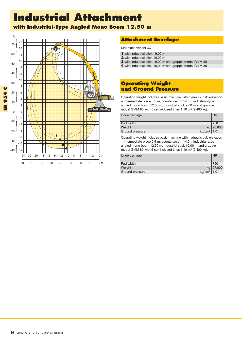 Industrial attachment, Operating weight and ground pressure, Er 9 5 4 c | Liebherr ER 944 C High Rise User Manual | Page 36 / 40