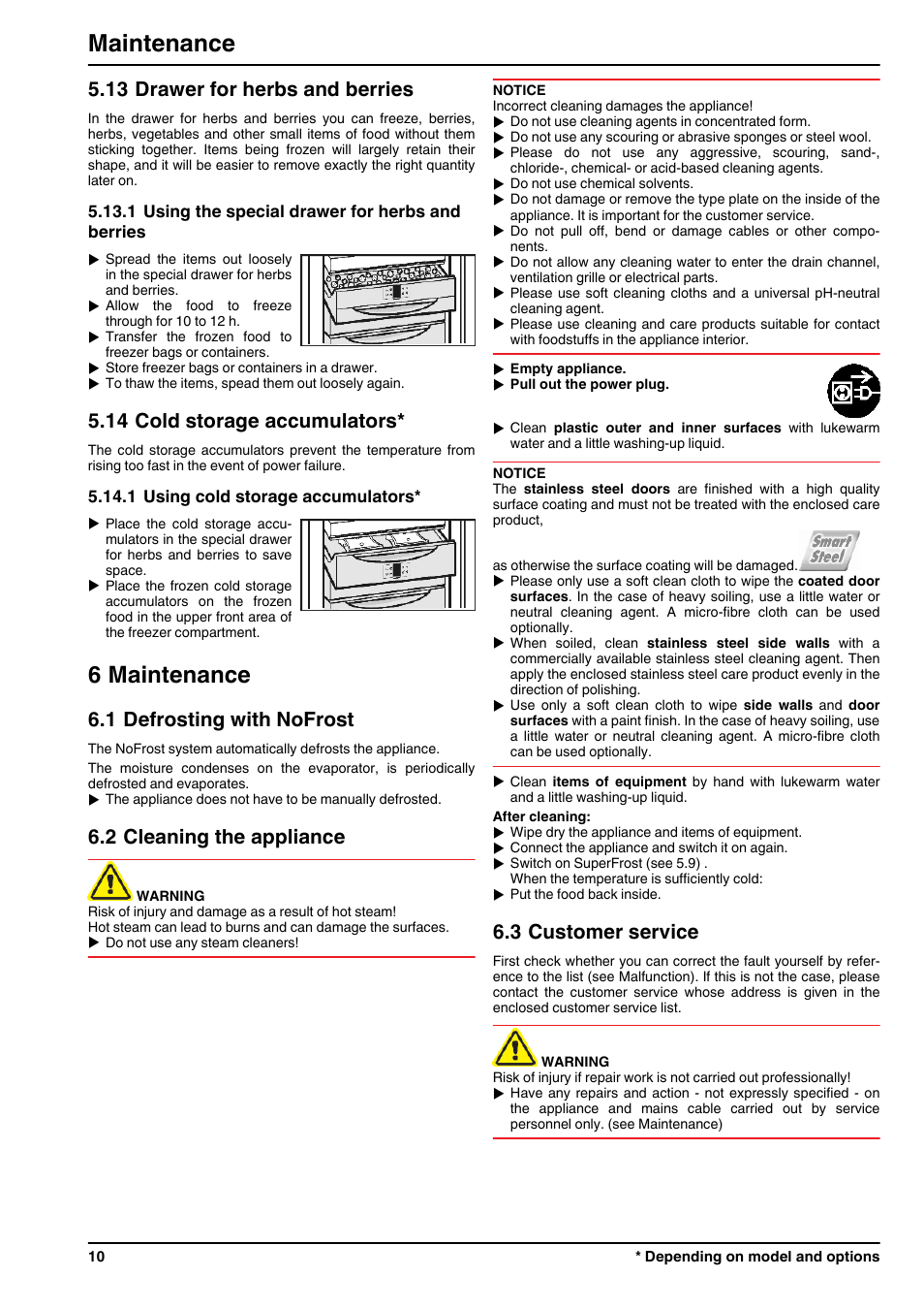 13drawer for herbs and berries, 1using the special drawer for herbs and berries, 14cold storage accumulators | 1using cold storage accumulators, 6maintenance, 1defrosting with nofrost, 2cleaning the appliance, 3customer service, 6 maintenance, Maintenance | Liebherr GN 1923 Comfort NoFrost User Manual | Page 10 / 14