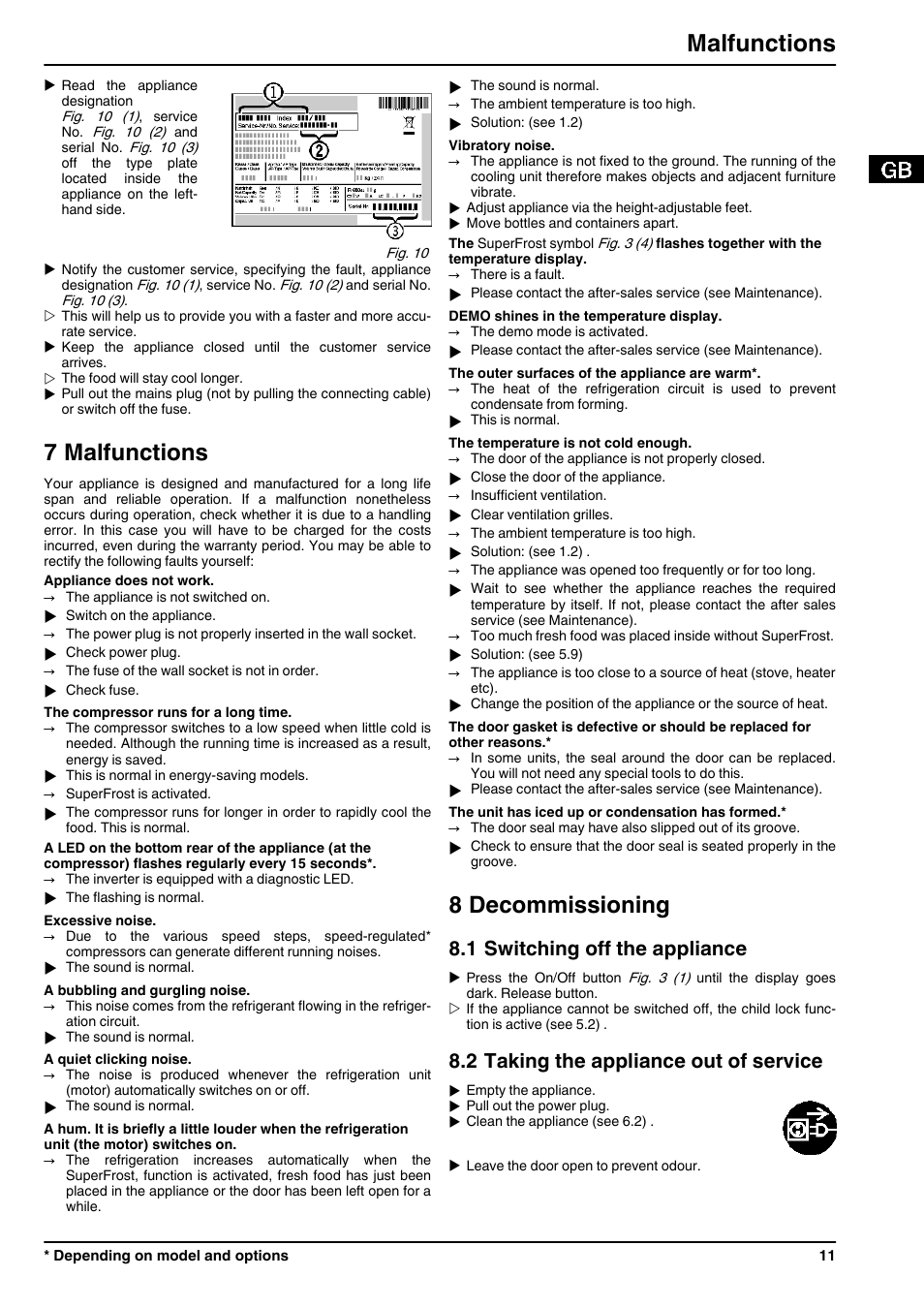 7malfunctions, 8decommissioning, 1switching off the appliance | 2taking the appliance out of service, 7 malfunctions, 8 decommissioning, Malfunctions, 1 switching off the appliance, 2 taking the appliance out of service | Liebherr GN 1923 Comfort NoFrost User Manual | Page 11 / 14