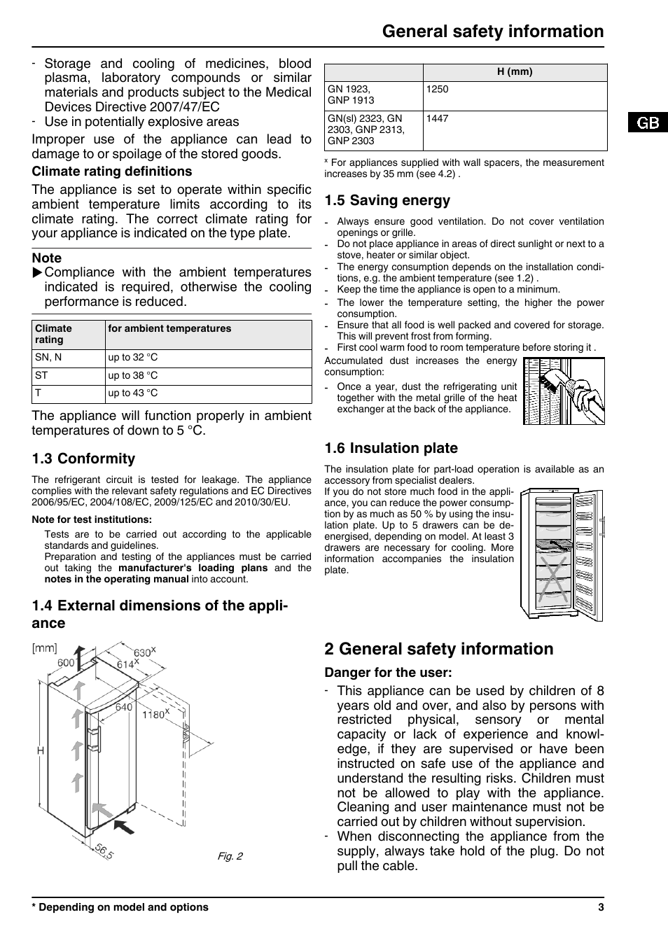 3conformity, 4external dimensions of the appliance, 5saving energy | 6insulation plate, 2general safety information, 2 general safety information, General safety information, 3 conformity, 4 external dimensions of the appli- ance, 5 saving energy | Liebherr GN 1923 Comfort NoFrost User Manual | Page 3 / 14