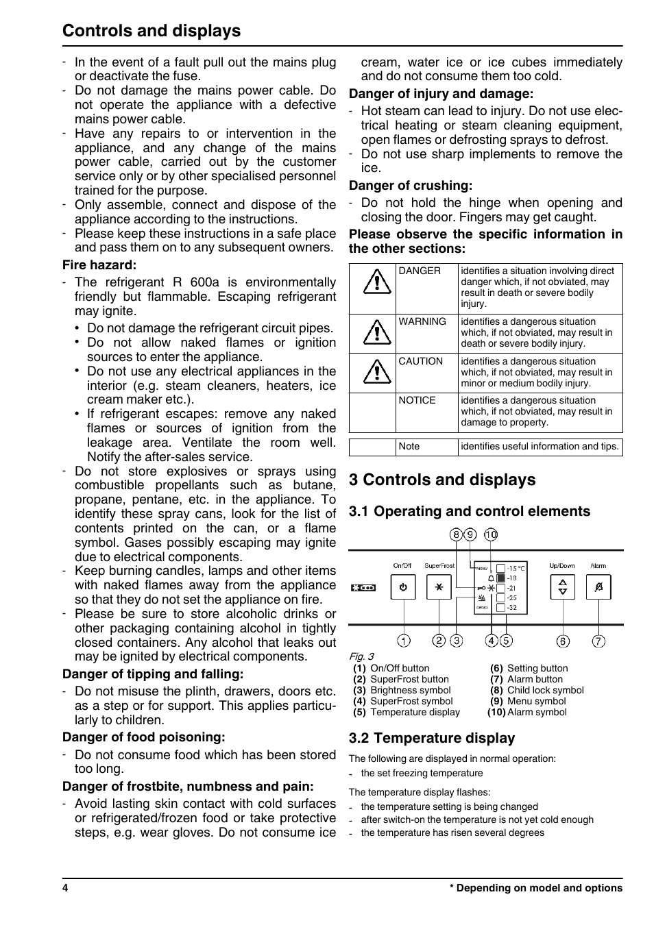 3controls and displays, 1operating and control elements, 2temperature display | 3 controls and displays, Controls and displays | Liebherr GN 1923 Comfort NoFrost User Manual | Page 4 / 14