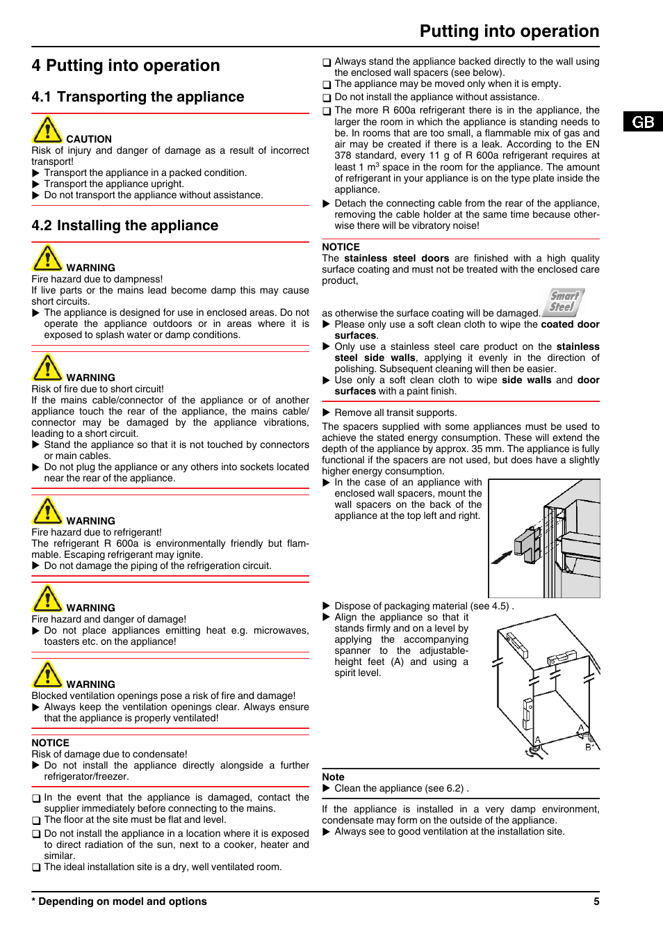 4putting into operation, 1transporting the appliance, 2installing the appliance | 4 putting into operation, Putting into operation, 1 transporting the appliance, 2 installing the appliance | Liebherr GN 1923 Comfort NoFrost User Manual | Page 5 / 14
