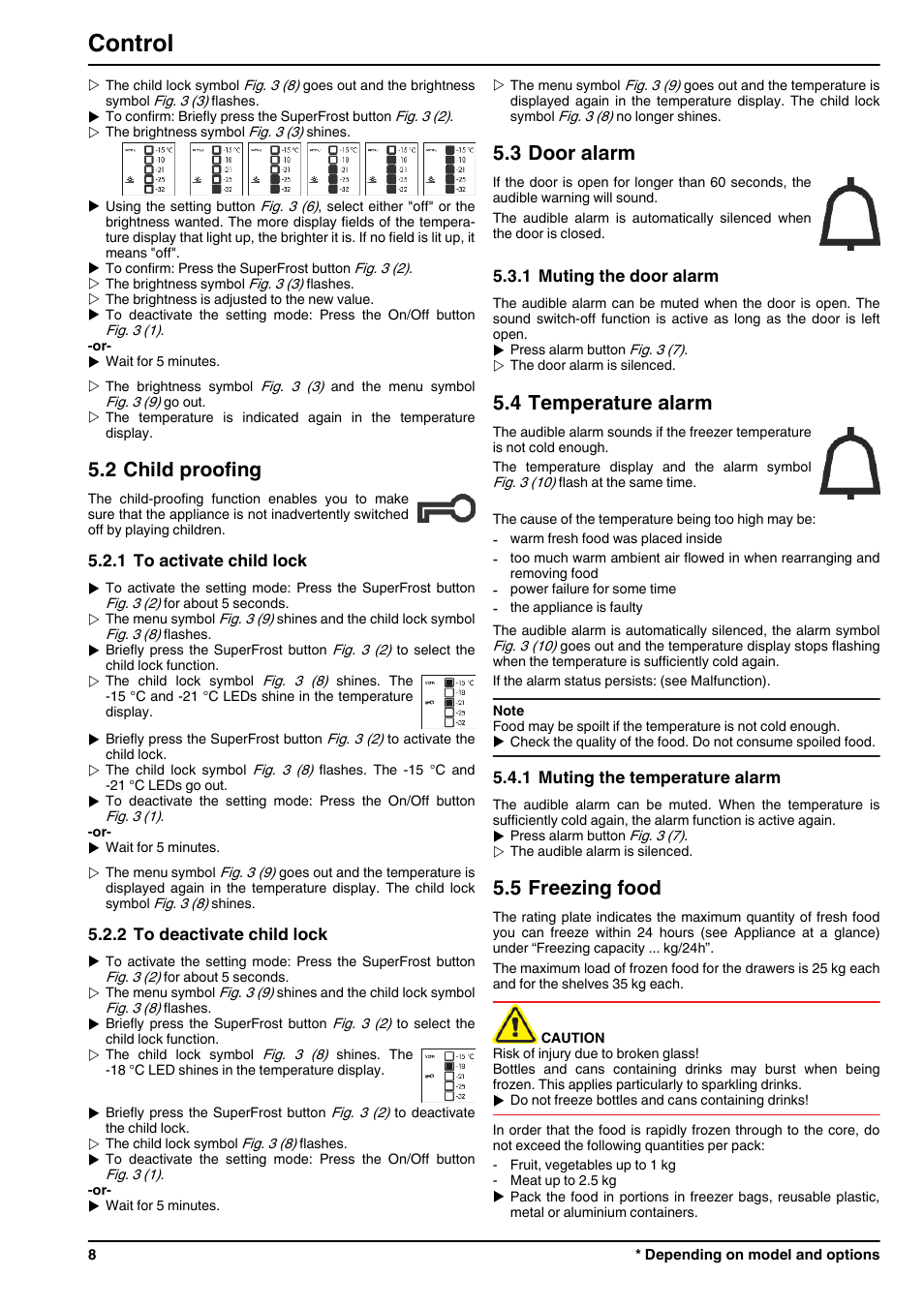 2child proofing, 1to activate child lock, 2to deactivate child lock | 3door alarm, 1muting the door alarm, 4temperature alarm, 1muting the temperature alarm, 5freezing food, Control, 2 child proofing | Liebherr GN 1923 Comfort NoFrost User Manual | Page 8 / 14