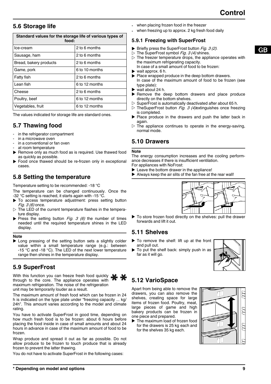 6storage life, 7thawing food, 8setting the temperature | 9superfrost, 1freezing with superfrost, 10drawers, 11shelves, 12variospace, Control, 6 storage life | Liebherr GN 1923 Comfort NoFrost User Manual | Page 9 / 14