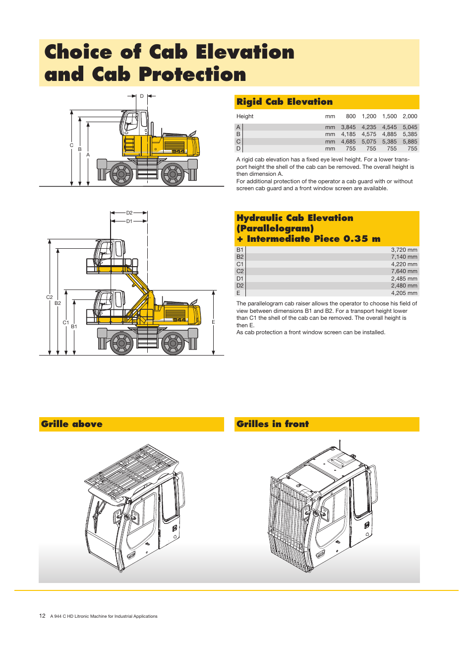 Choice of cab elevation and cab protection, Rigid cab elevation, Grille above grilles in front | Liebherr A 944 C HD Litronic Material Handler User Manual | Page 12 / 14